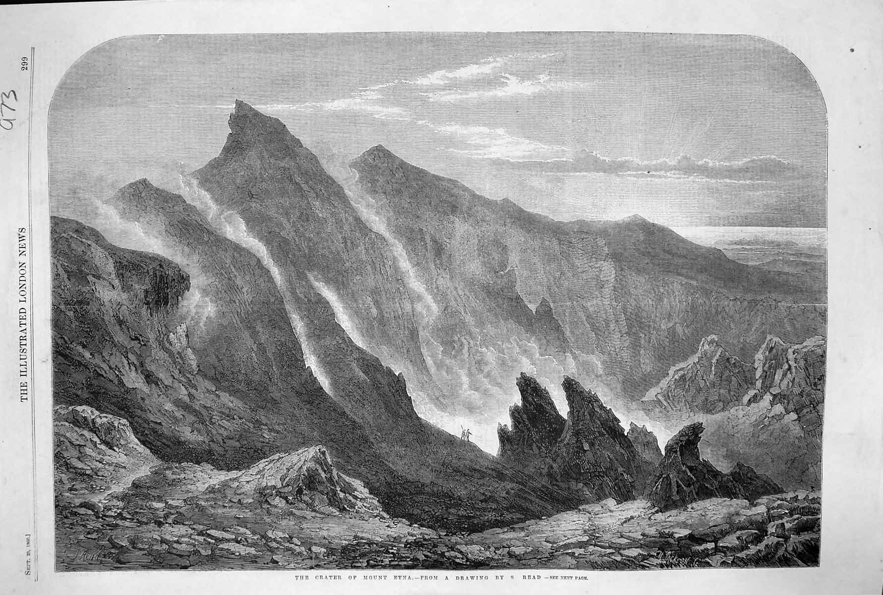 Original Old Antique Print 1860 Crater Mount Etna Volcano Mountains Italy 19th