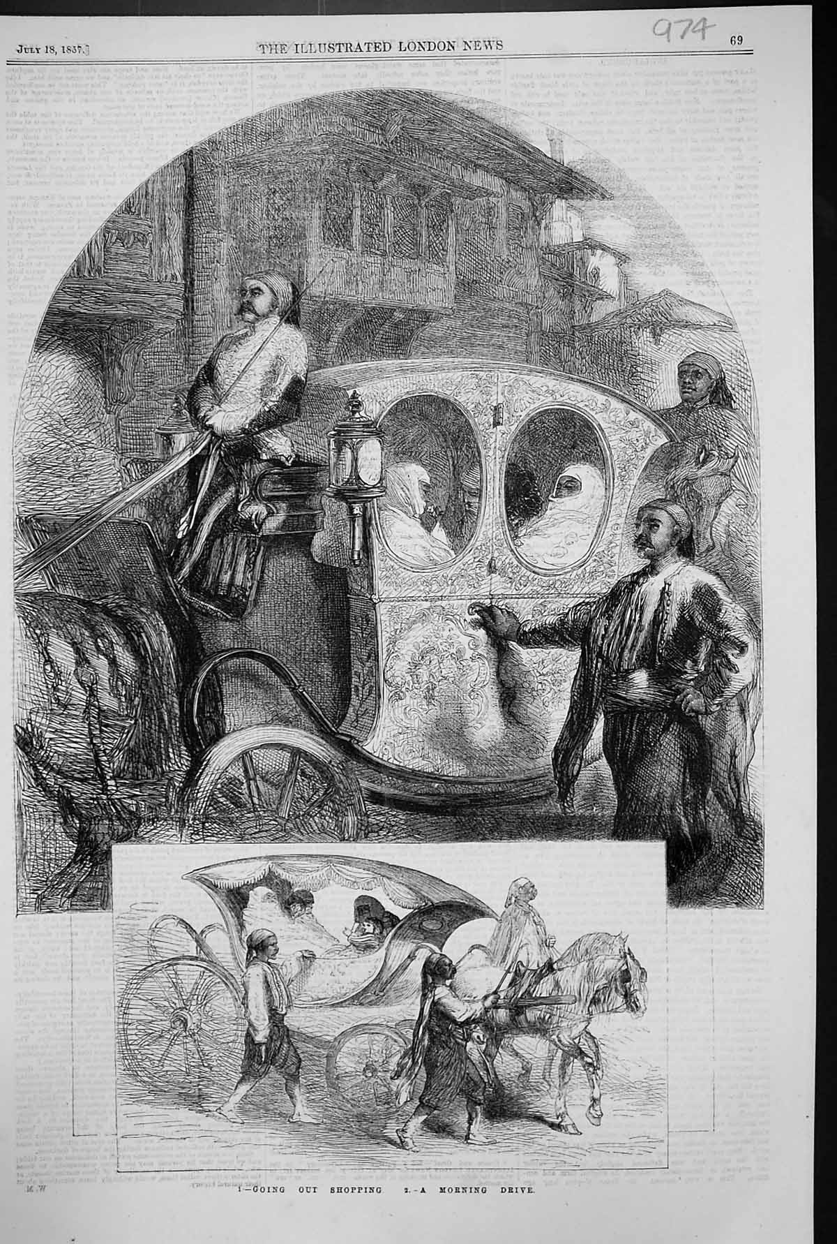 Old Print 1857 Transport Going Out Shopping Morning Drive Horses Carriage 19th