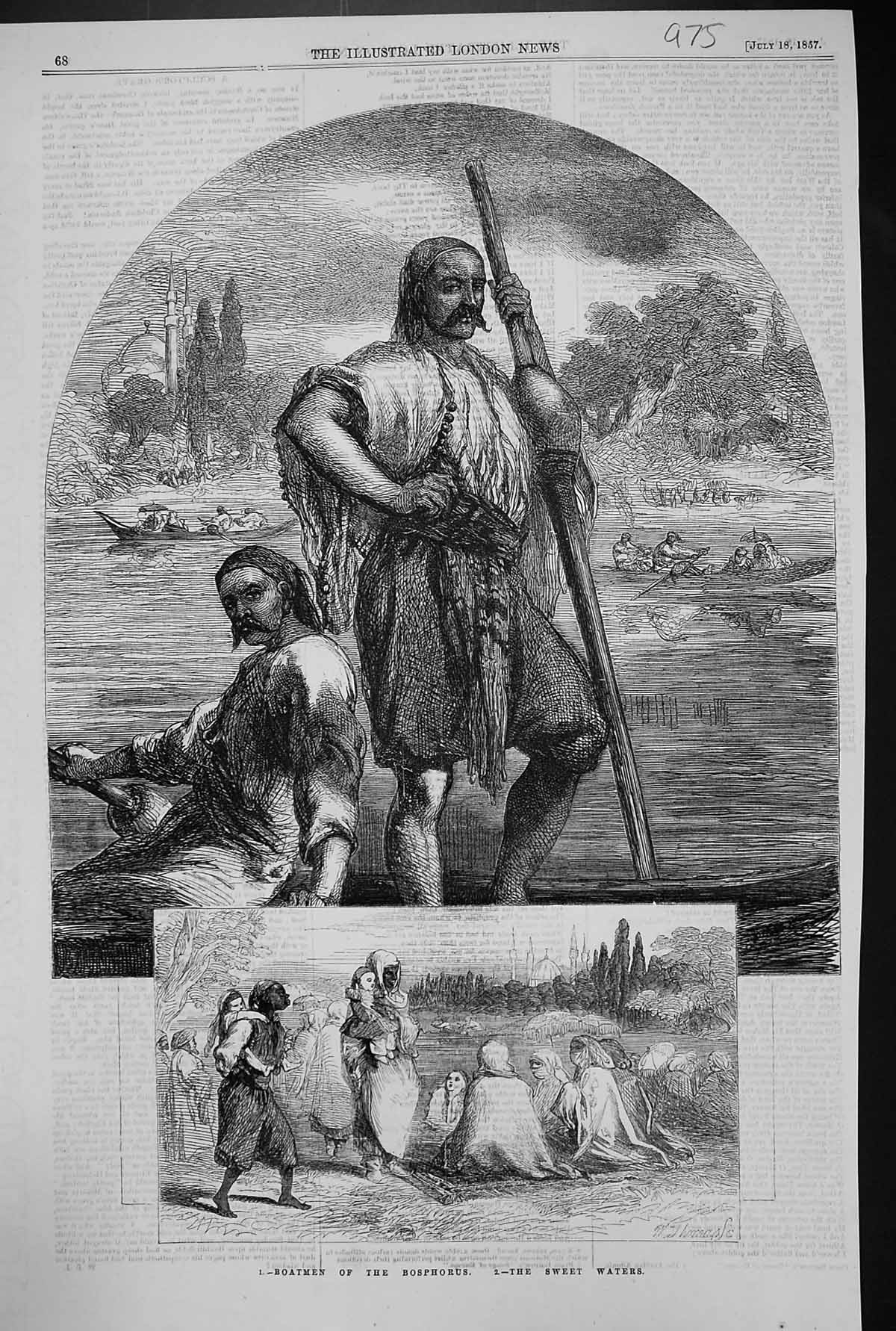 Original Old Antique Print 1857 Boatmen Bosphorus Sweet Waters Transport 19th