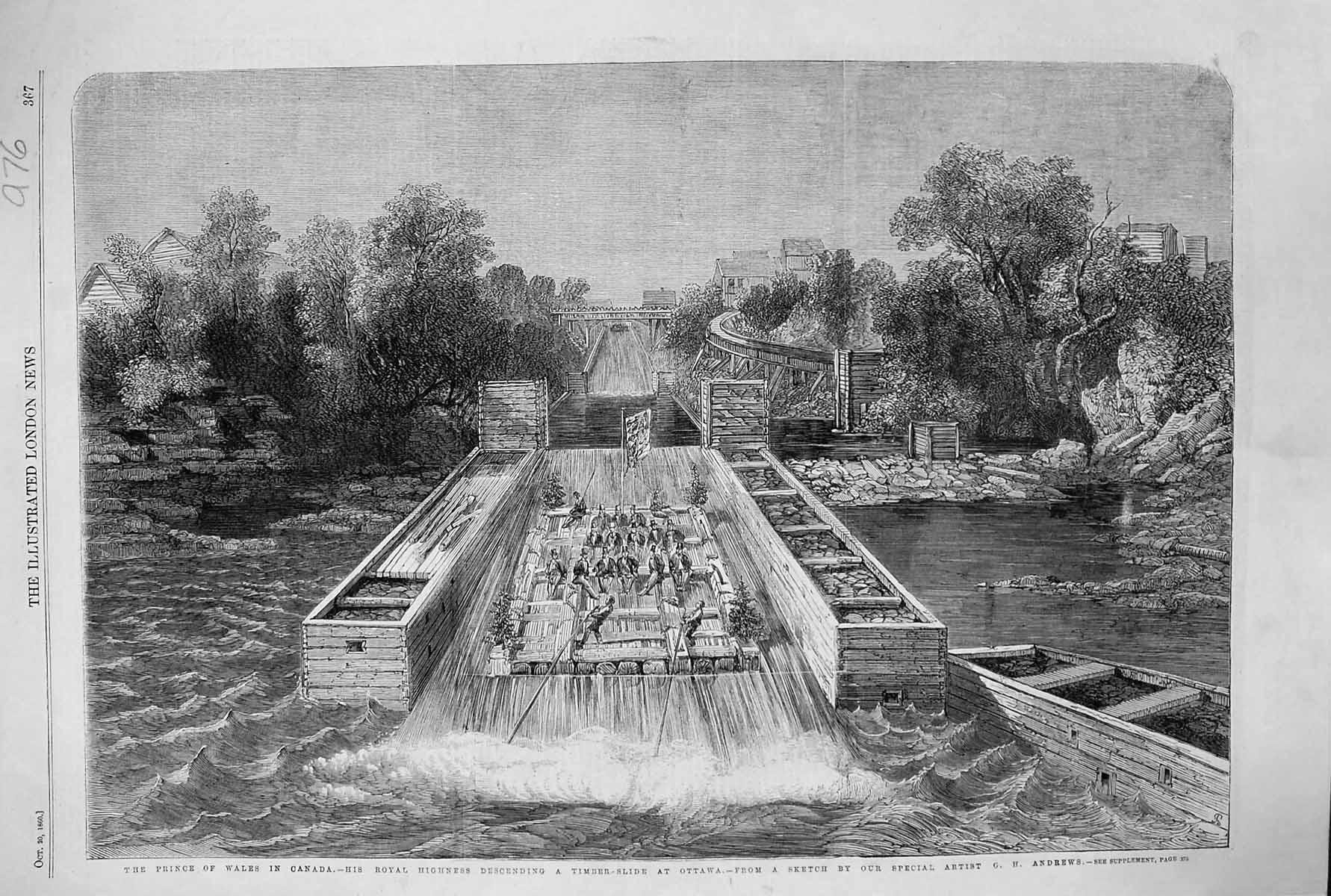 Old 1860 Prince Wales Canada Descending Timber Slide Ottawa River Sce Victorian