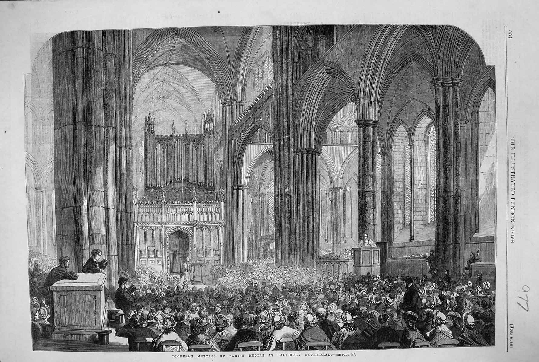 Old Antique Print 1861 Diocesan Meeting Parish Choirs Salisbury Cathedral 19th