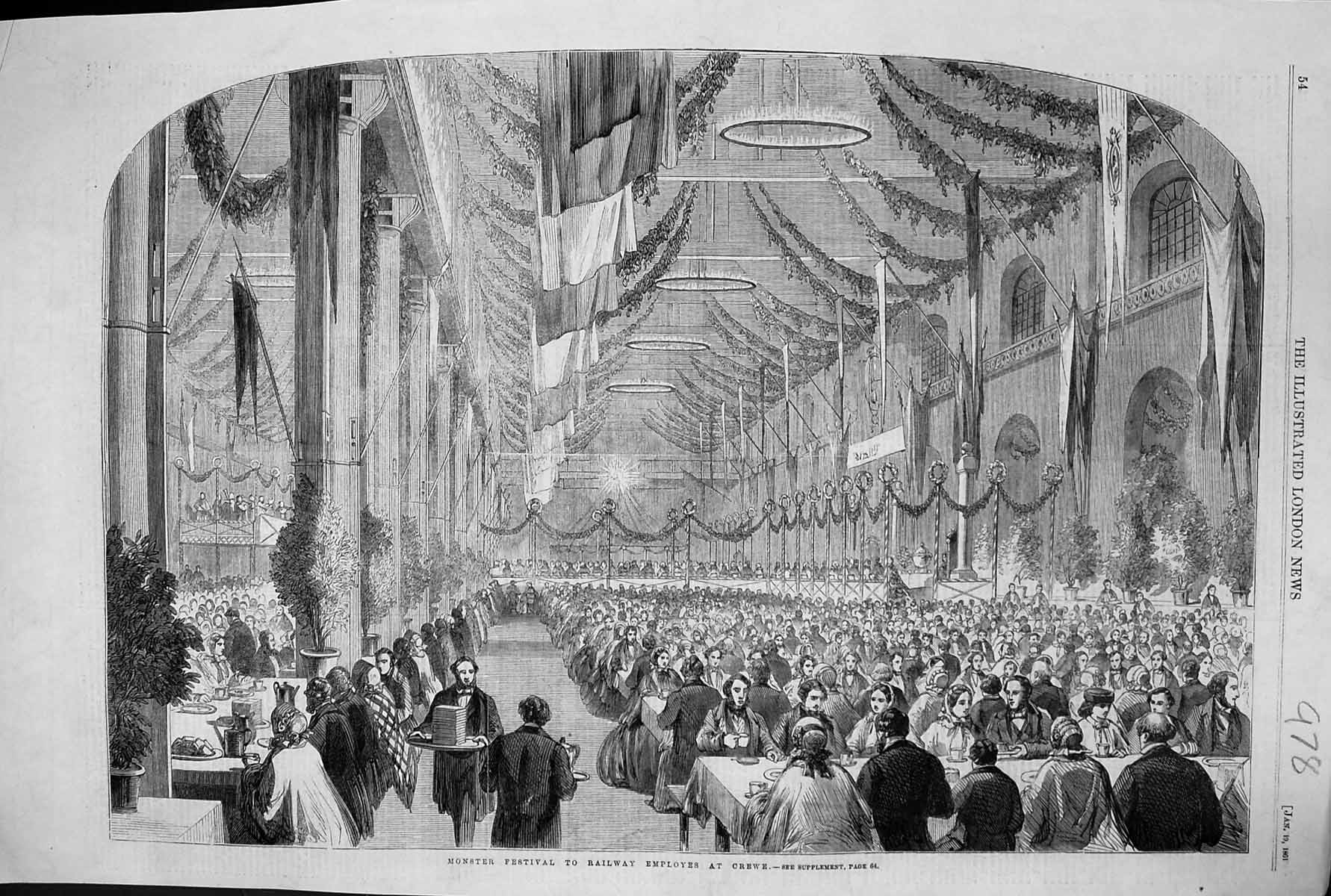 Original Old Antique Print 1861 Monster Festival Railway Employees Crewe 19th
