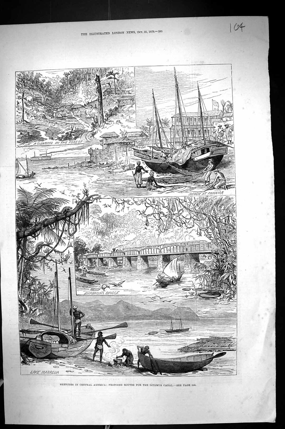 Old 1879 America Isthmus Canal Beach Panama Barbacoas Bridge Lake Man Victorian