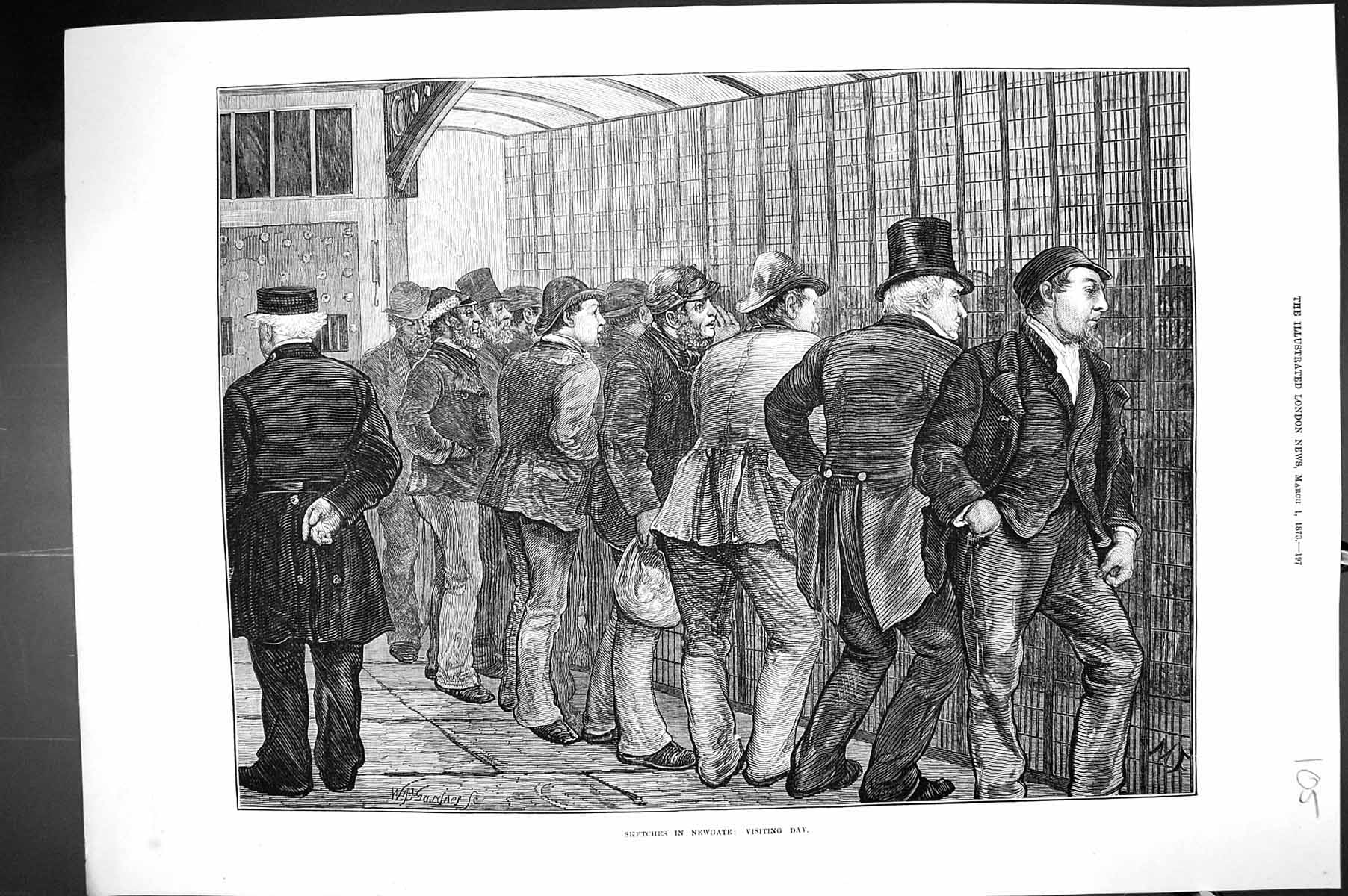 Antique Old Print 1873 Scene Newgate Prison Visiting Day Prisoners Visitors