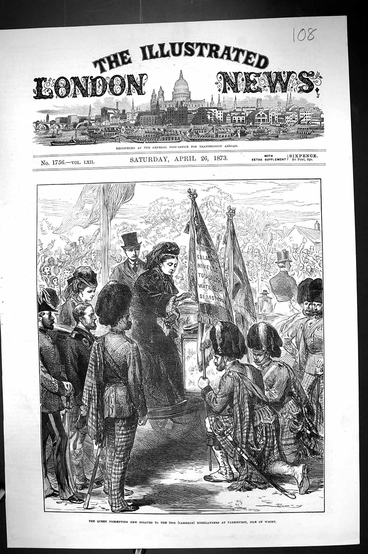 Old 1873 Queen Presenting S Cameron Highlanders Parkhurst Isle Wight Victorian