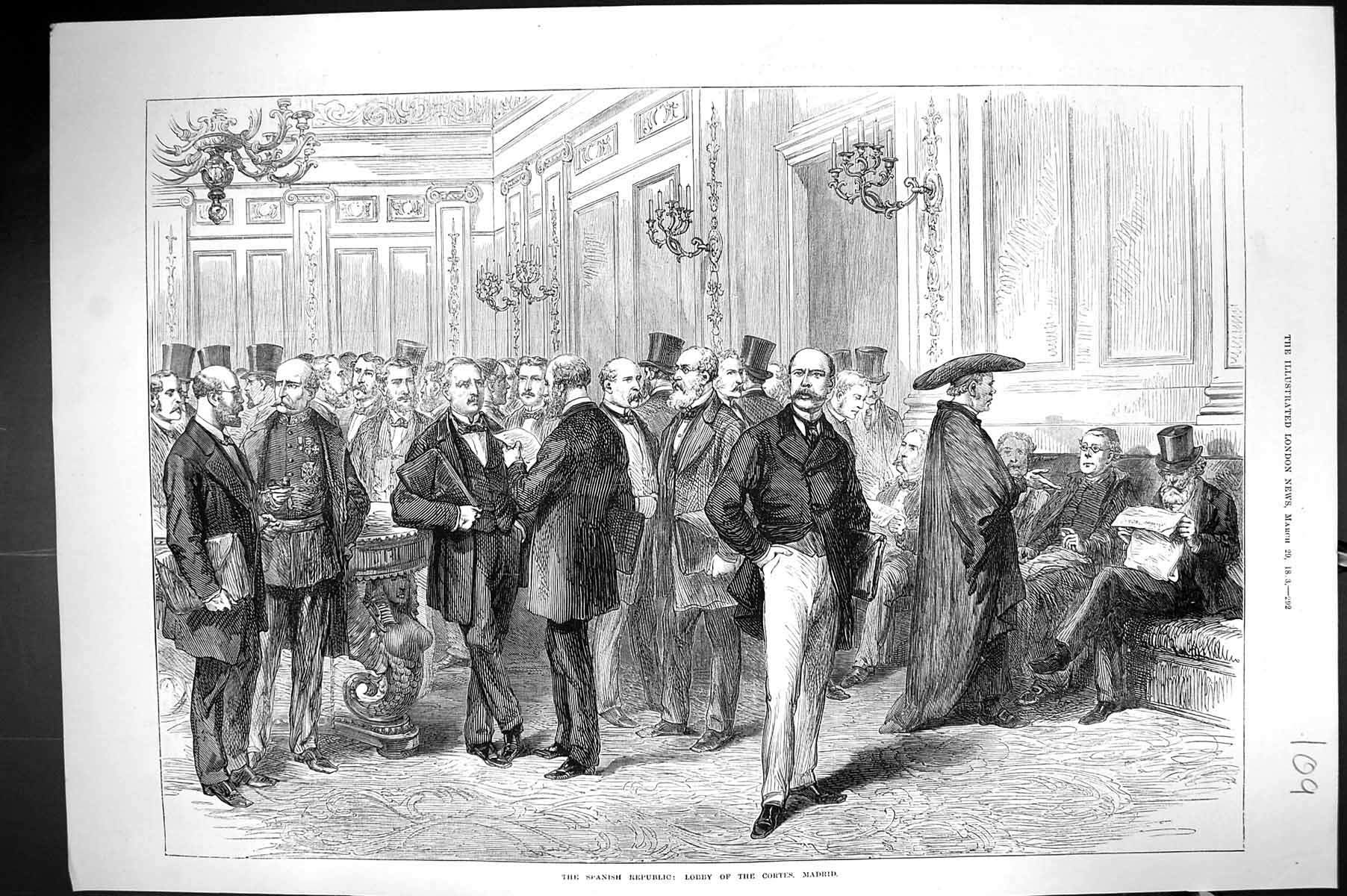 Old 1873 Spanish Republic Scene Lobby Cortes Madrid Spain Men Meeting Victorian