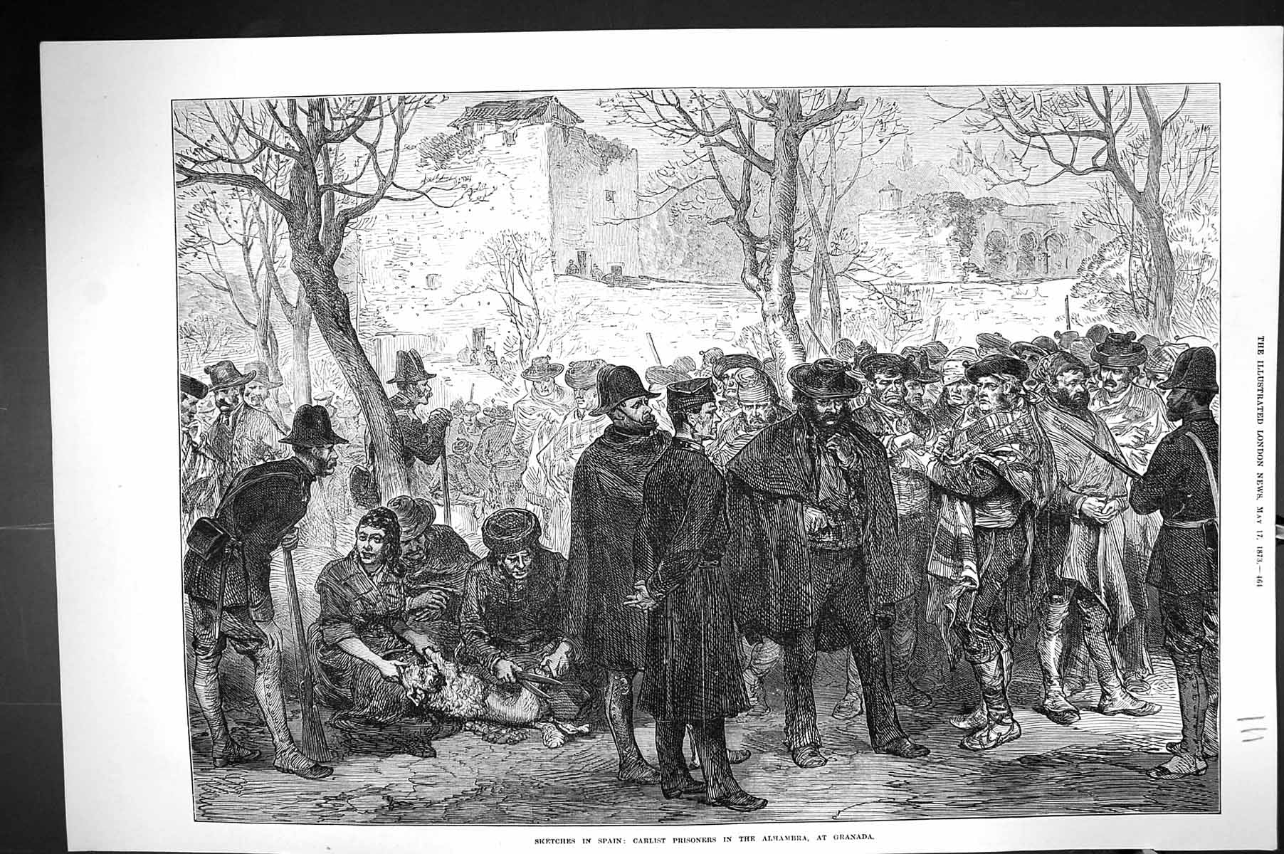 Antique Old Print 1873 Scene Spain Carlist Prisoners Alhambra Granada Rpint