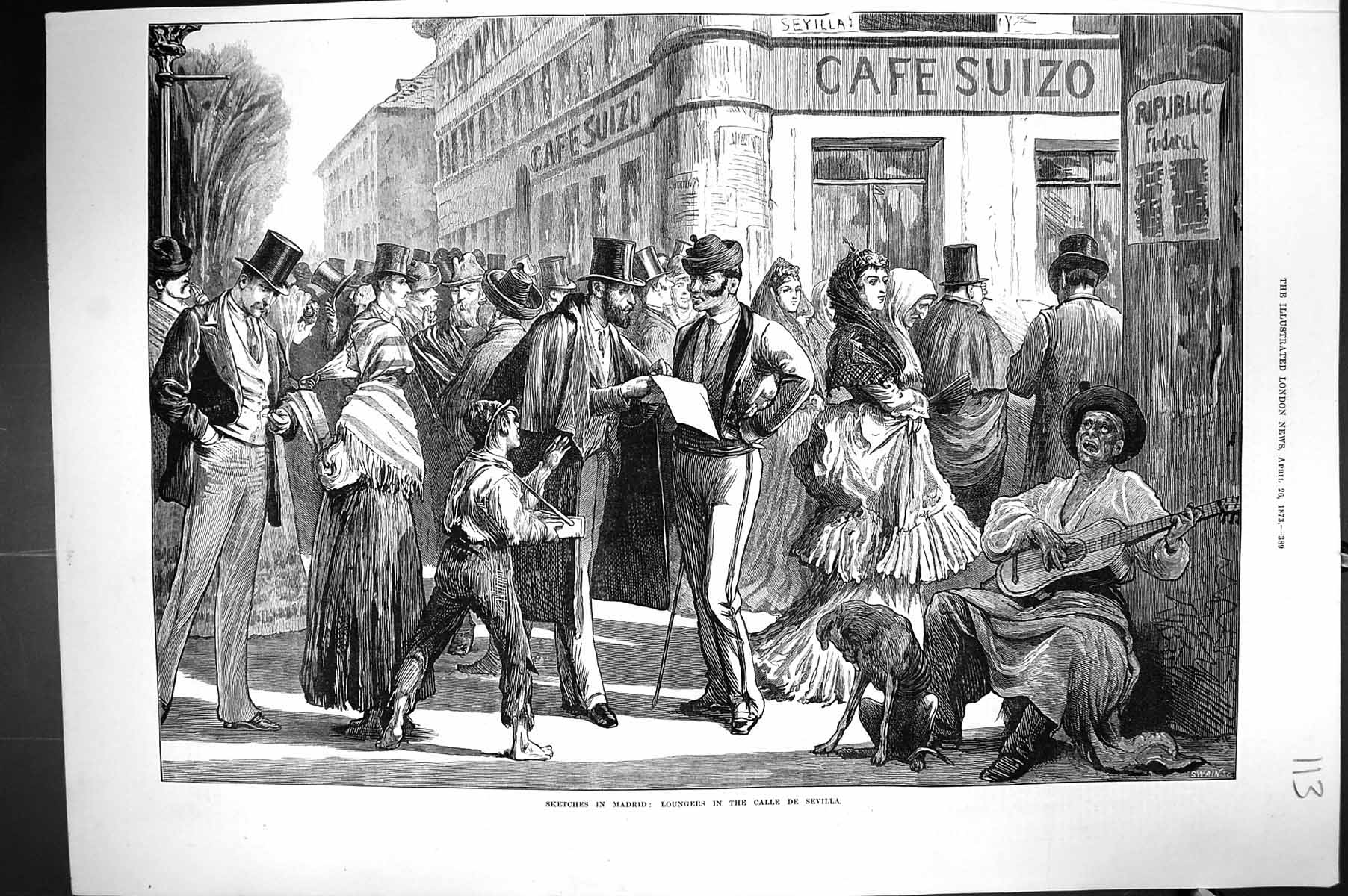 Old 1873 Street Scene Madrid Spain Loungers Calle De Sevilla Entertai Victorian
