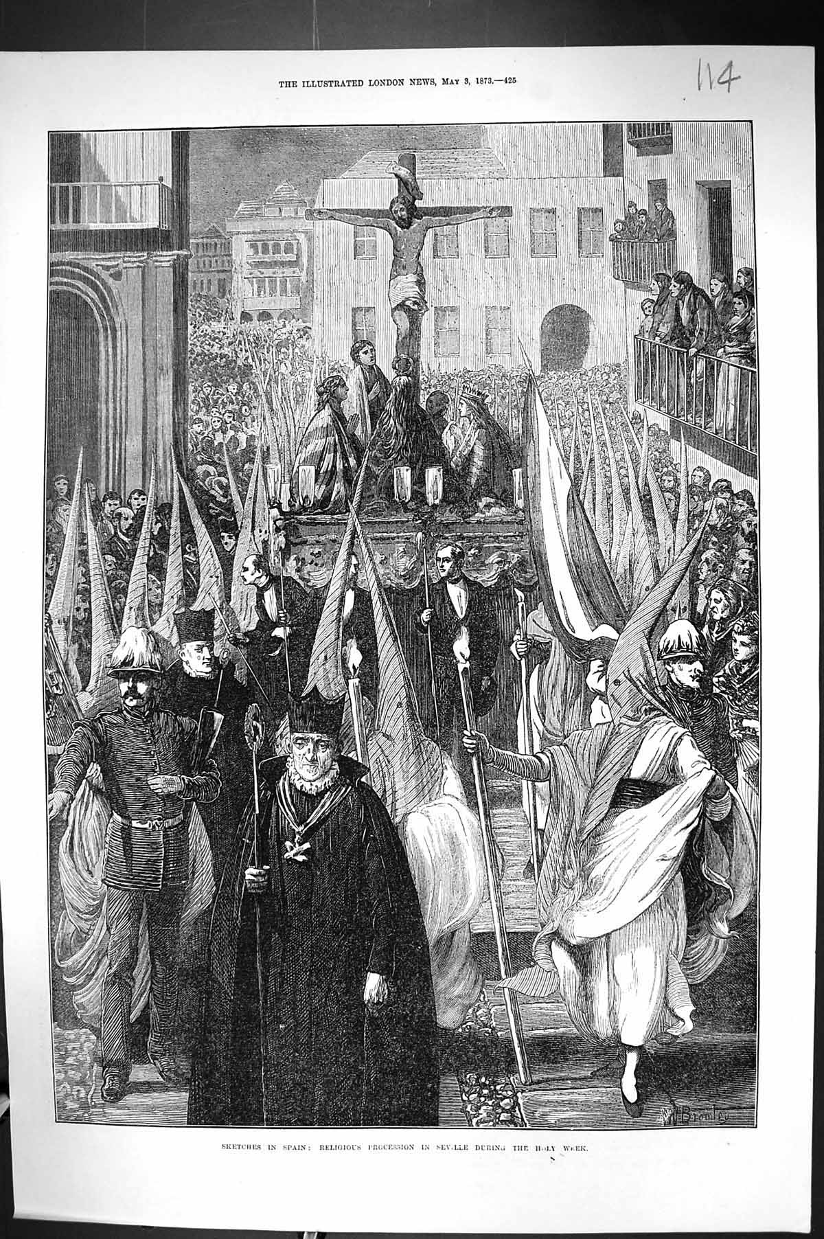 Old 1873 Scene Spain Religious Procession Seville Holy Week Celebrati Victorian