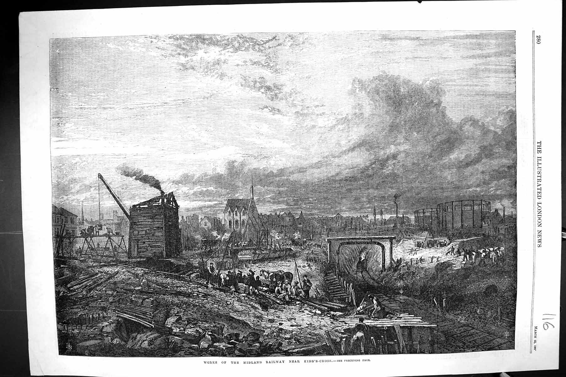 Antique Old Print 1867 View Works Midland Railway King'S-Cross Engineering 19th
