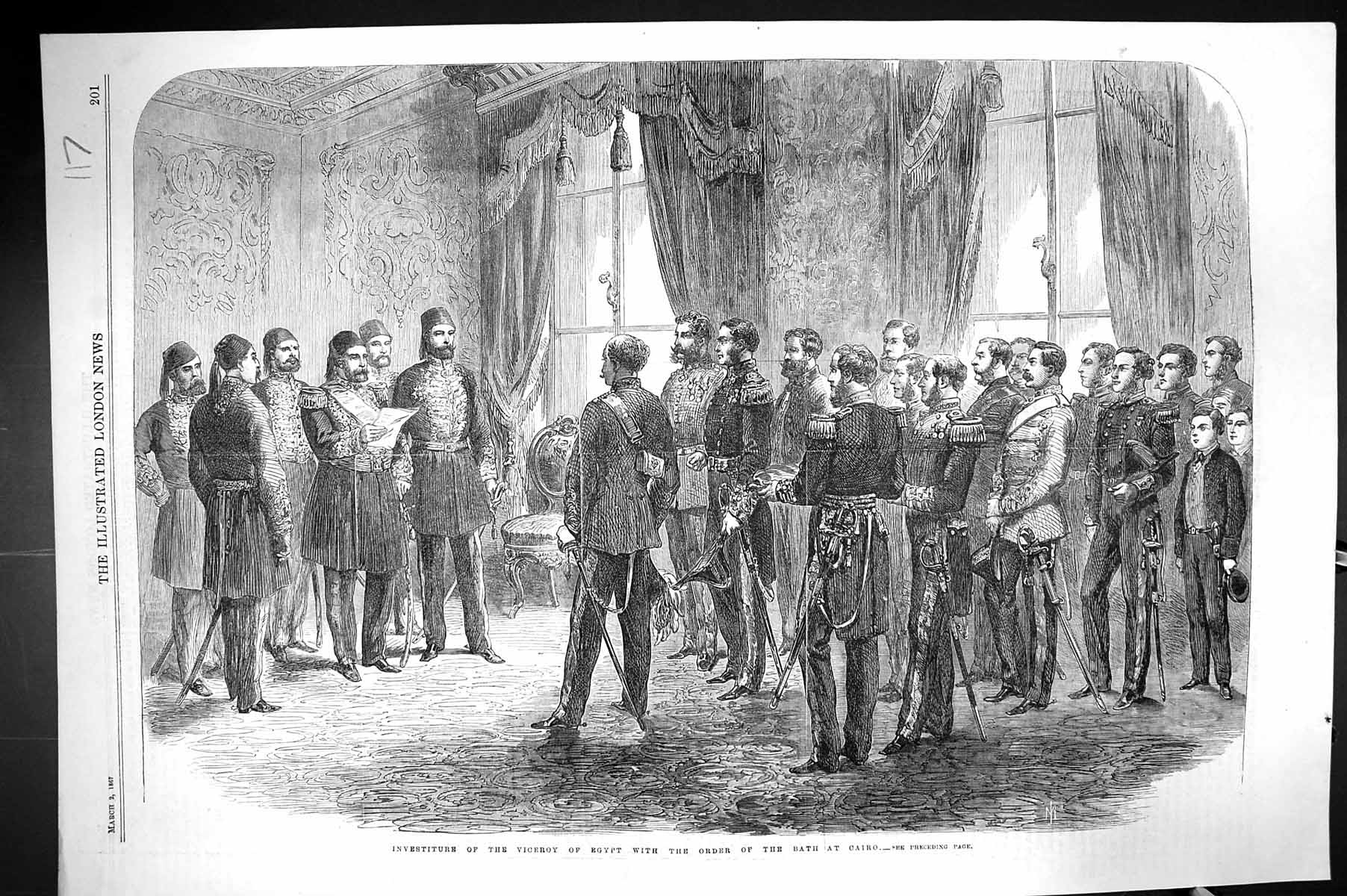 Antique Old Print 1867 Scene Investiture Viceroy Egypt Order Bath Cairo Men