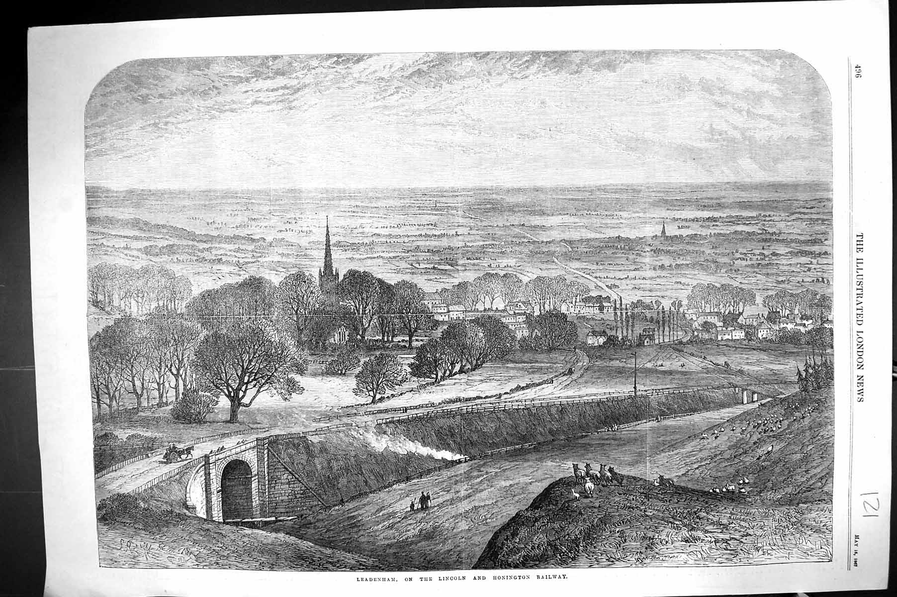 Original Old Antique Print 1867 View Leadenham Lincoln Honington Railway Train