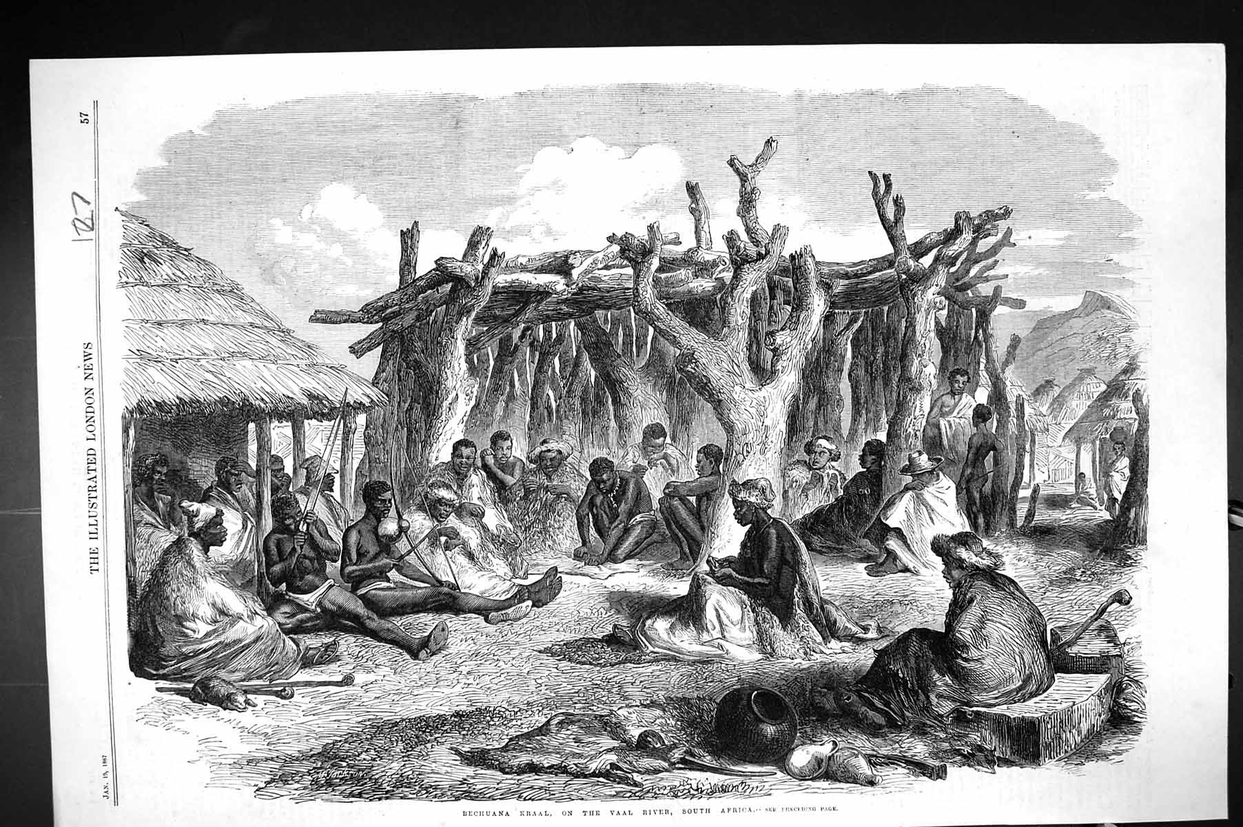 Old Print 1867 Scene Bechuana Kraal Vaal River South Africa Native People 19th