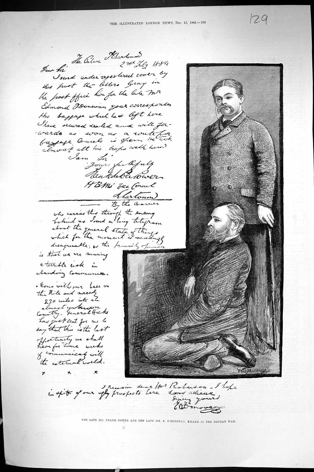 Old Antique Print 1884 Portrait Frank Power O'Donovan Killed Soudan War 19th