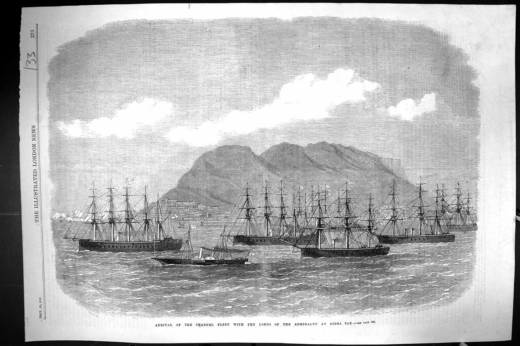 Antique Old Print 1869 Arrival Channel Fleet Ships Lords Admiralty Gibraltar