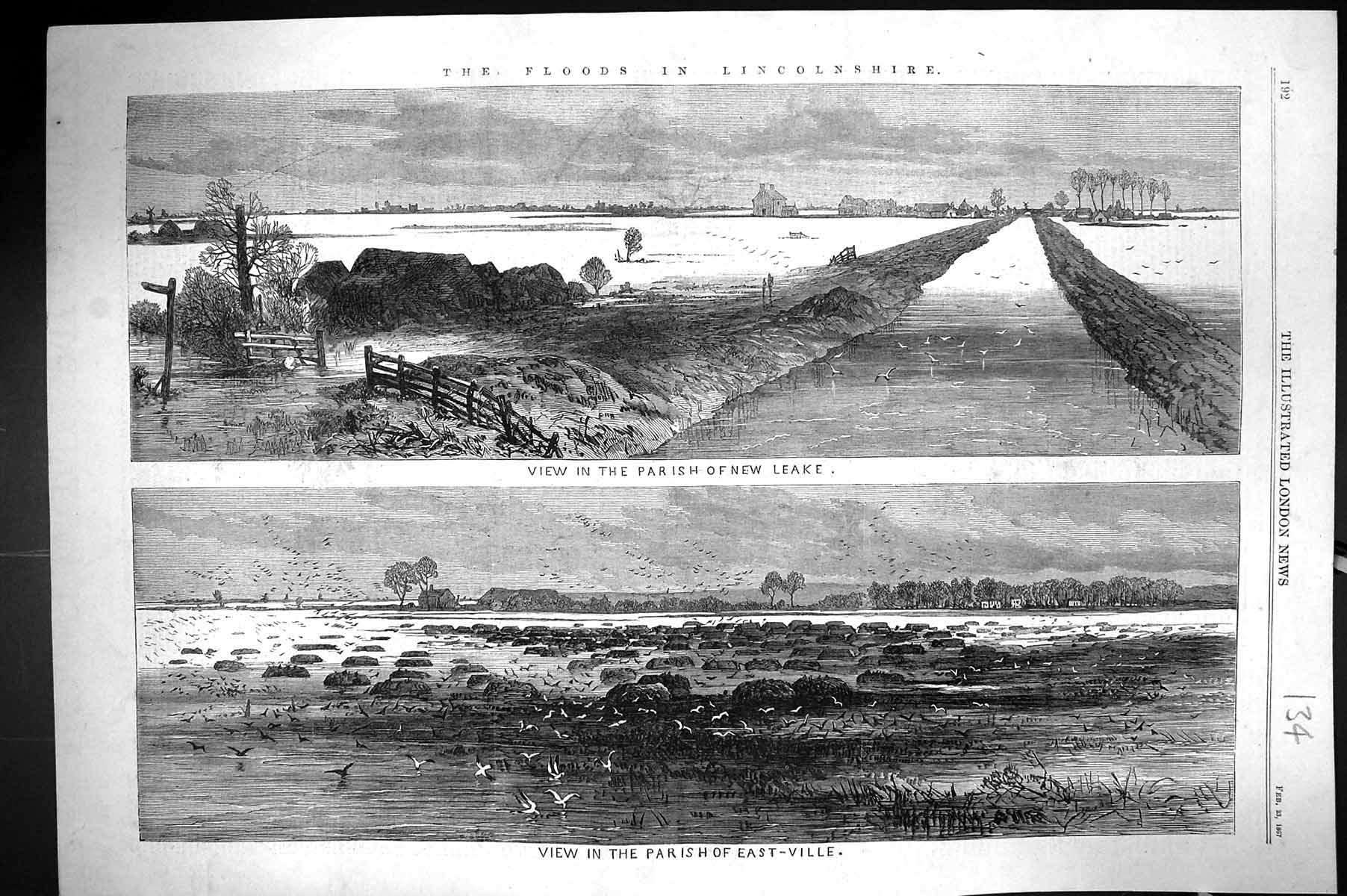 Antique Old Print 1867 Floods Lincolnshire View Parish New Leake East-Ville