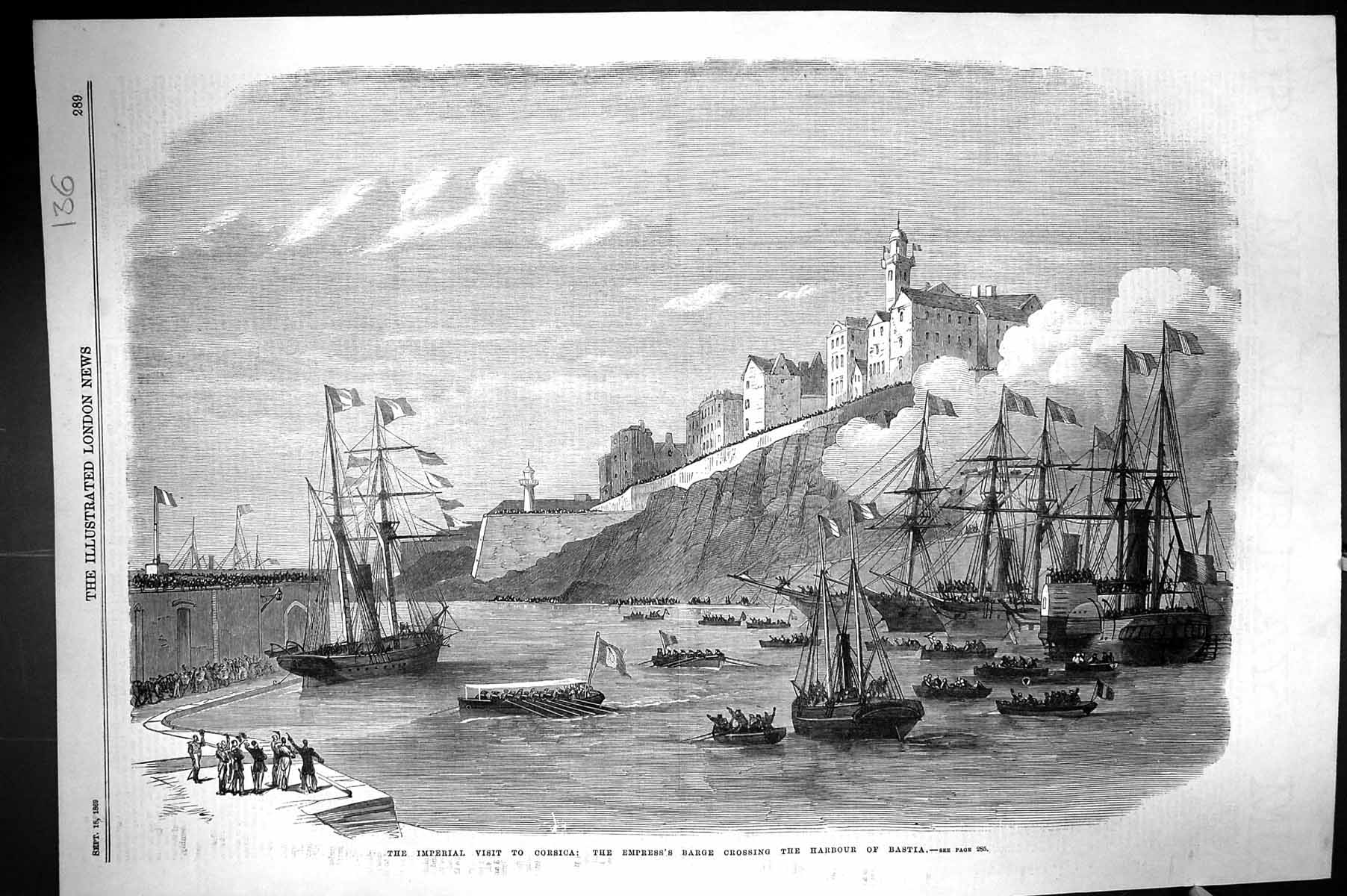 Antique Print 1869 Imperial Visit Corsica Empress Barge Ship Harbour Bastia