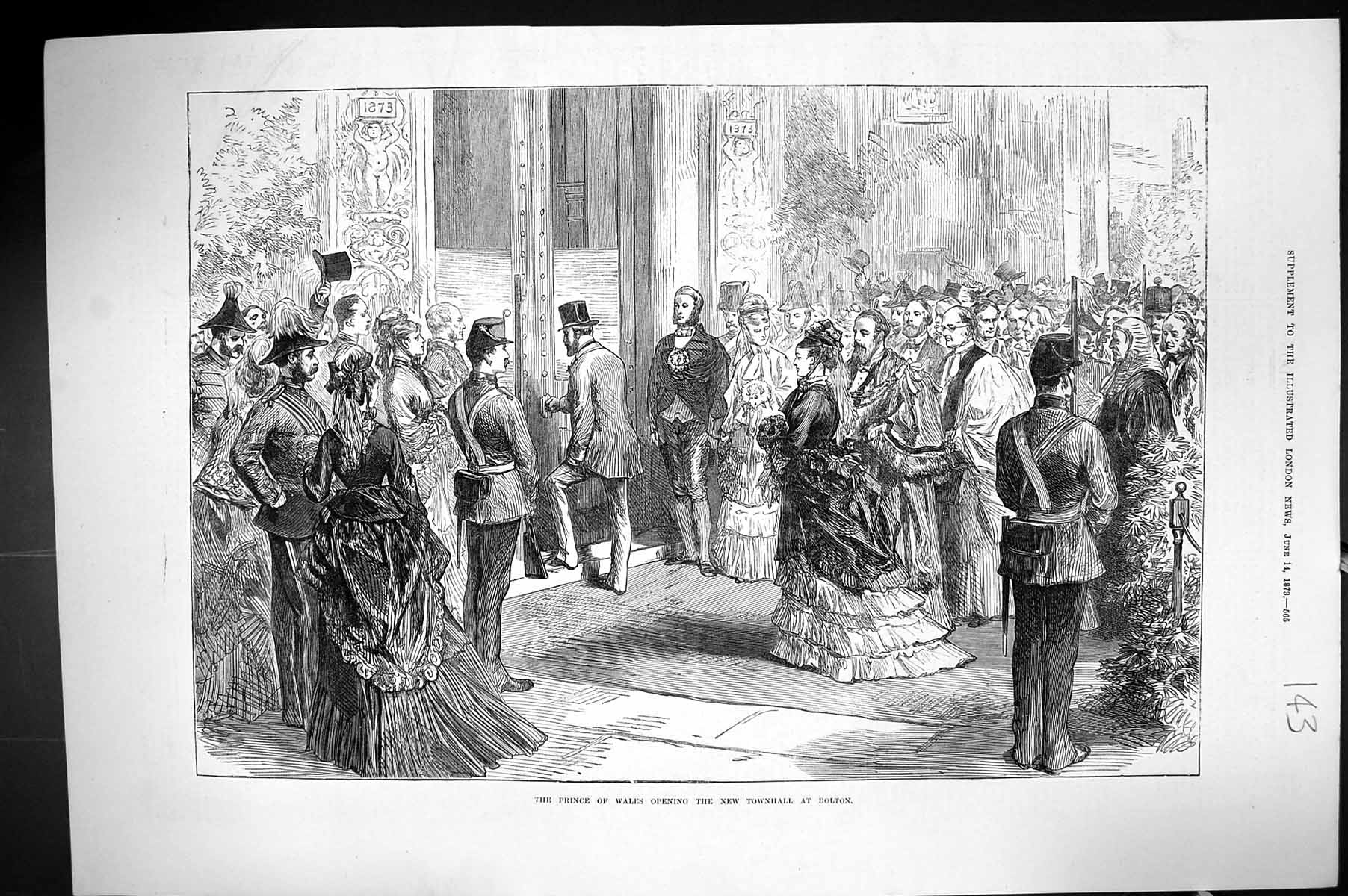 Antique Old Print 1873 Scene Prince Wales Opening New Townhall Bolton England