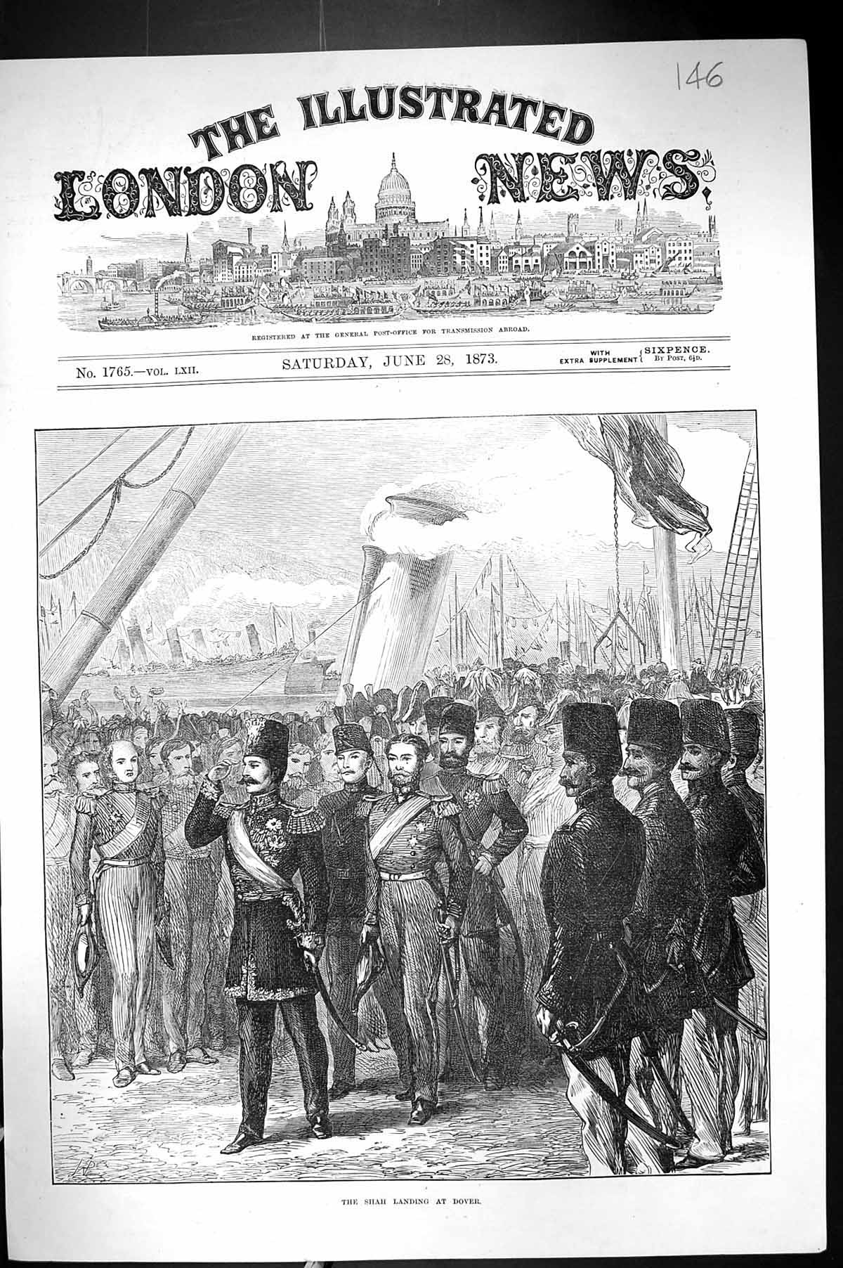 Old Antique Print 1873 Scene Shah Landing Dover Ships War Siers Uniforms 19th