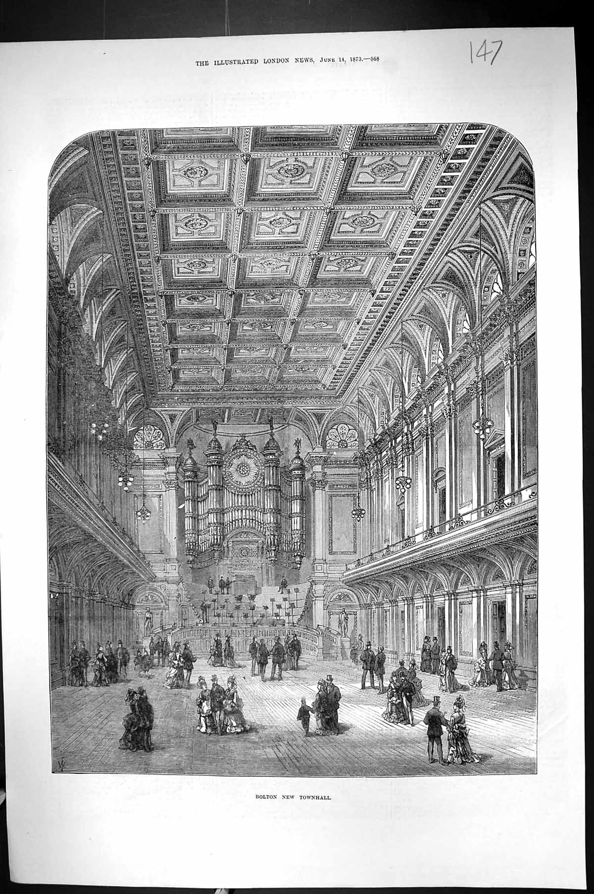 Original Old Antique Print 1873 Interior Bolton Townhall Architecture England