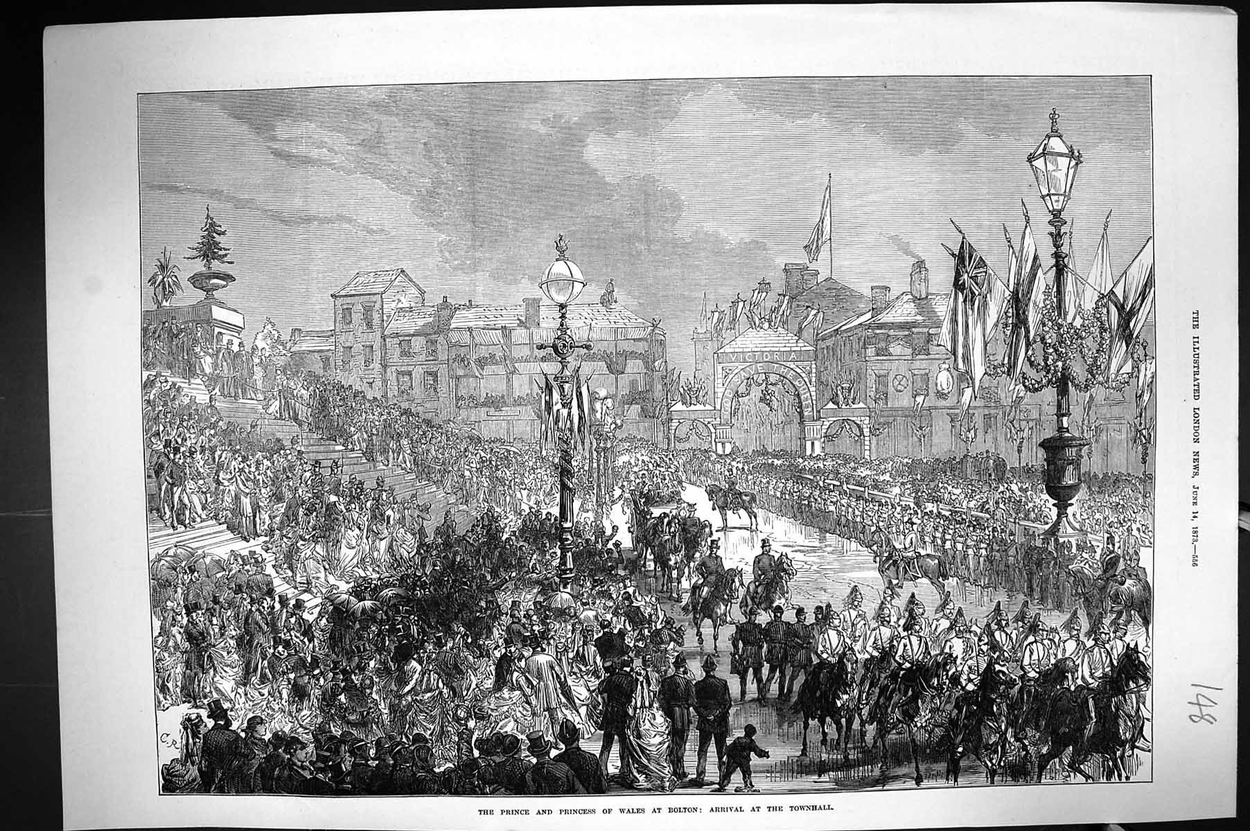 Old 1873 Scene Prince Wales Bolton England Procession Arrival Townhal Victorian