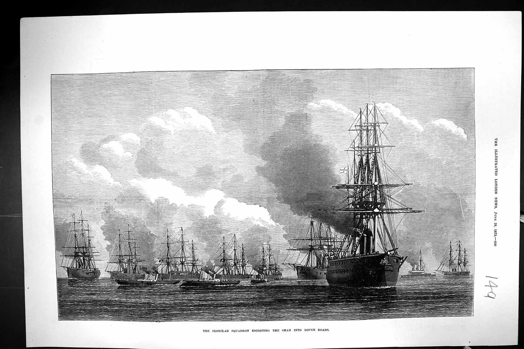 Old Print 1873 Ironclad Ships Squadron Escorting Shah Dover Roads England 19th