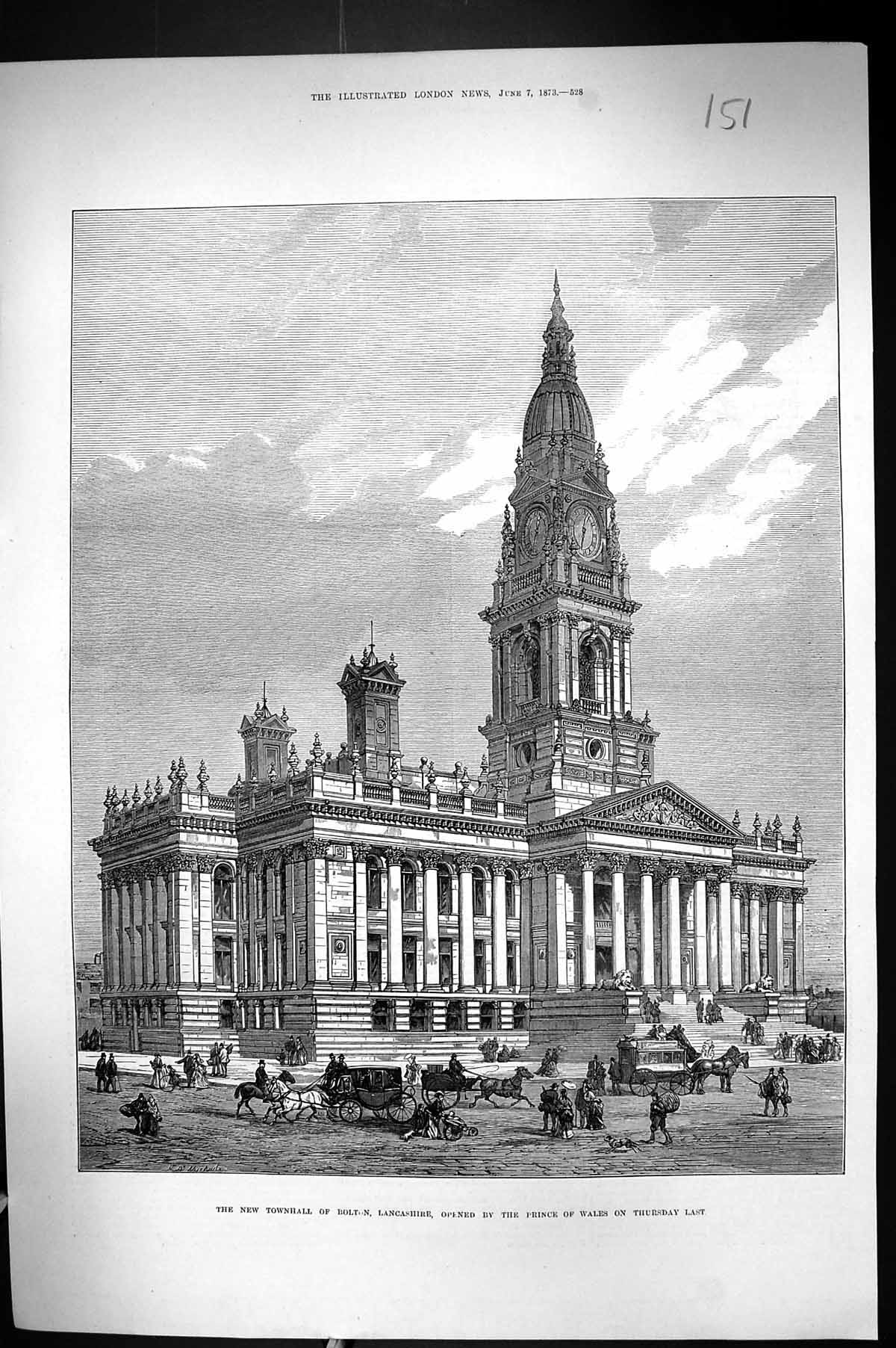 Antique Print 1873 Exterior Townhall Bolton Lancashire England Architecture