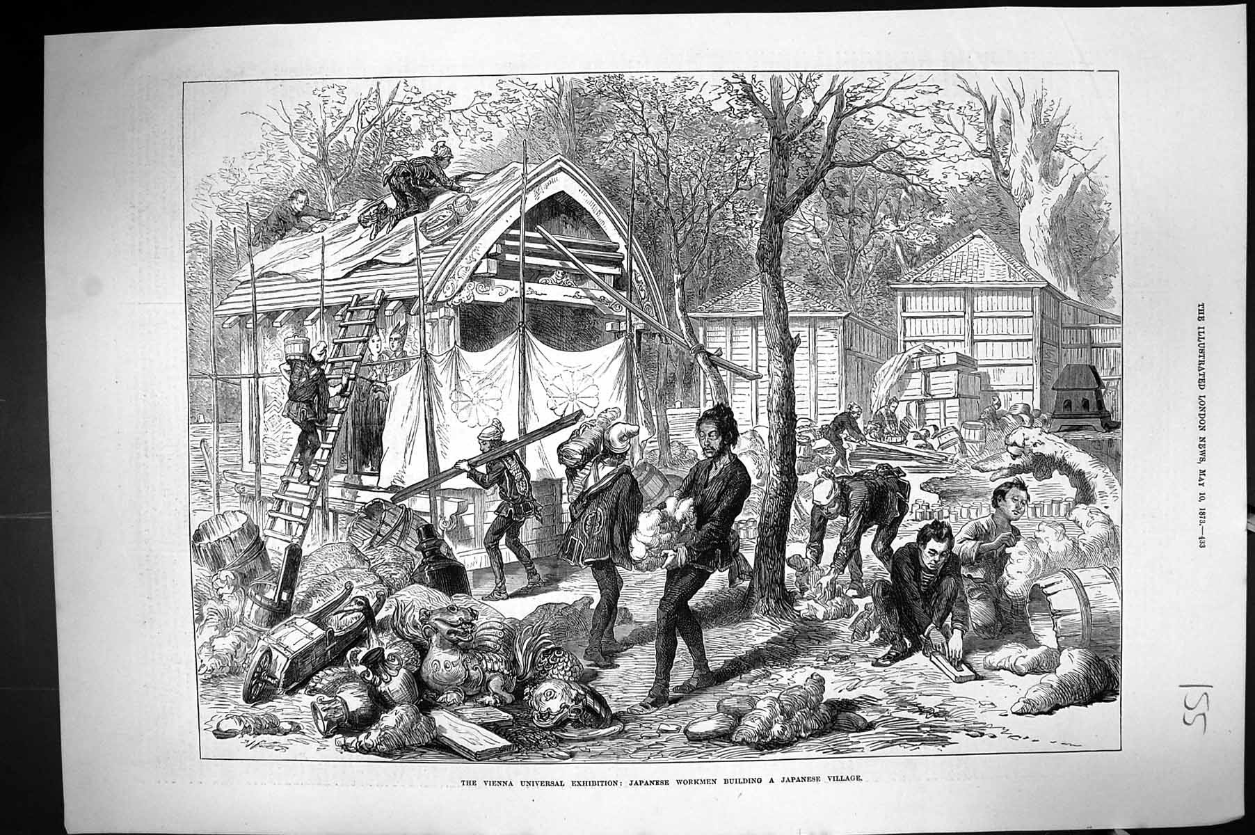 Old 1873 Vienna Universal Exhibition Japanese Workmen Building Villag Victorian