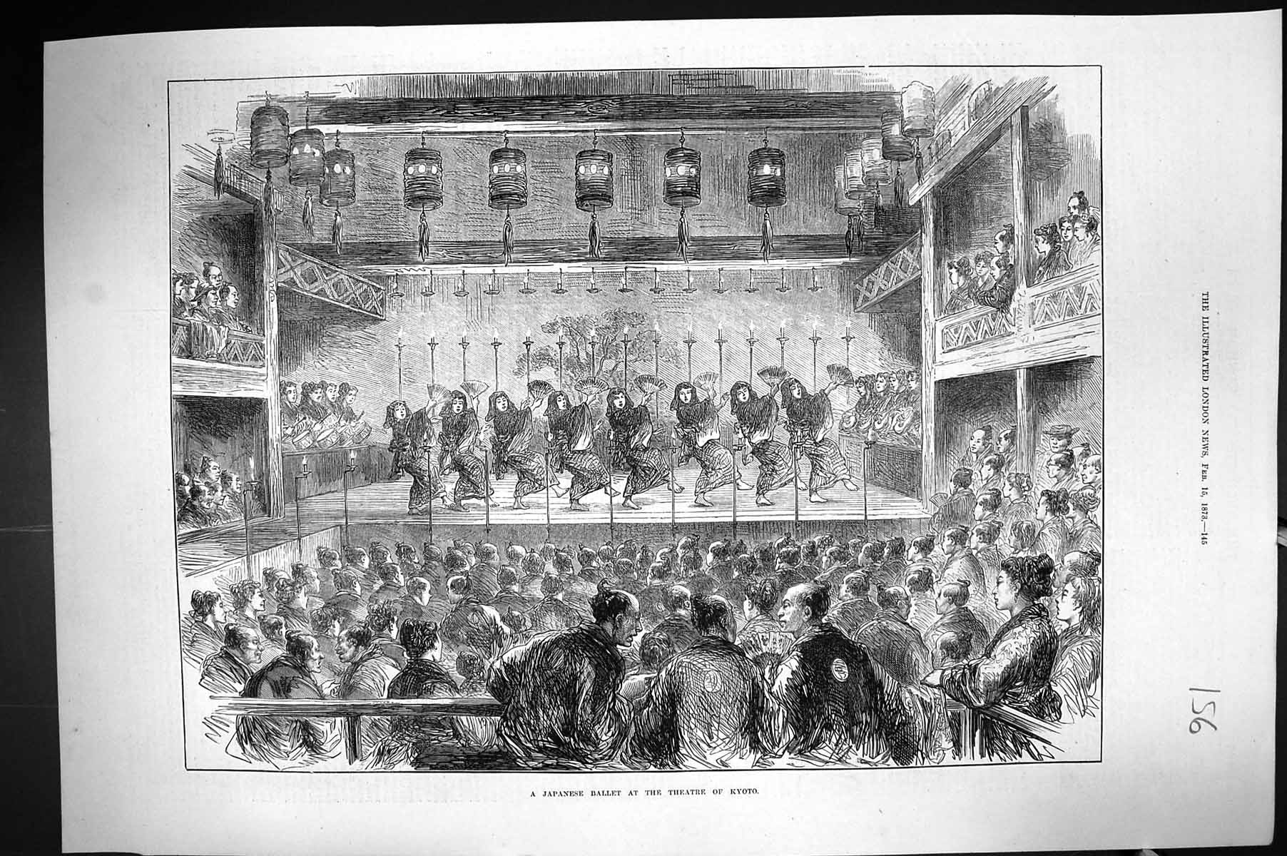 Original Old Antique Print 1873 Scene Japanese Ballet Theatre Kyoto Performance