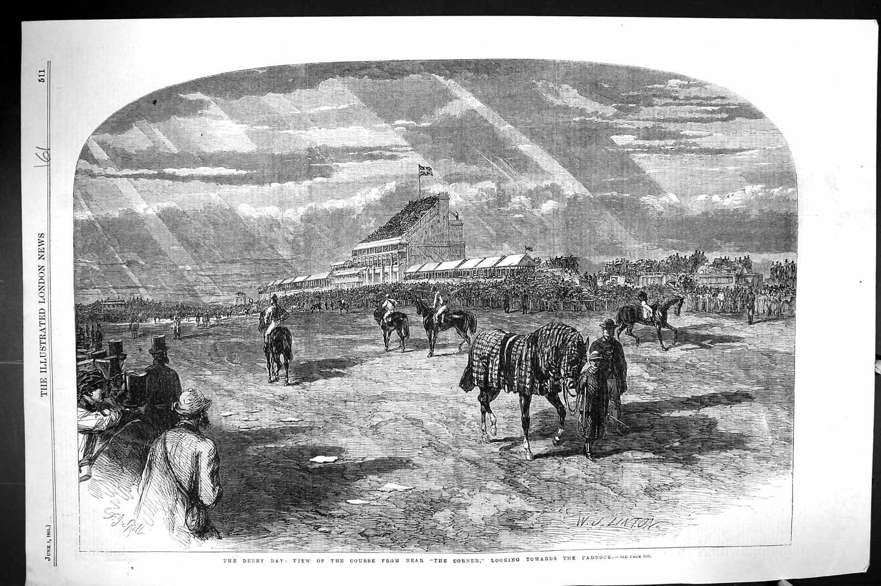 Old 1861 Derby Day Horse Racing View Course Corner Paddock Sport Lint Victorian