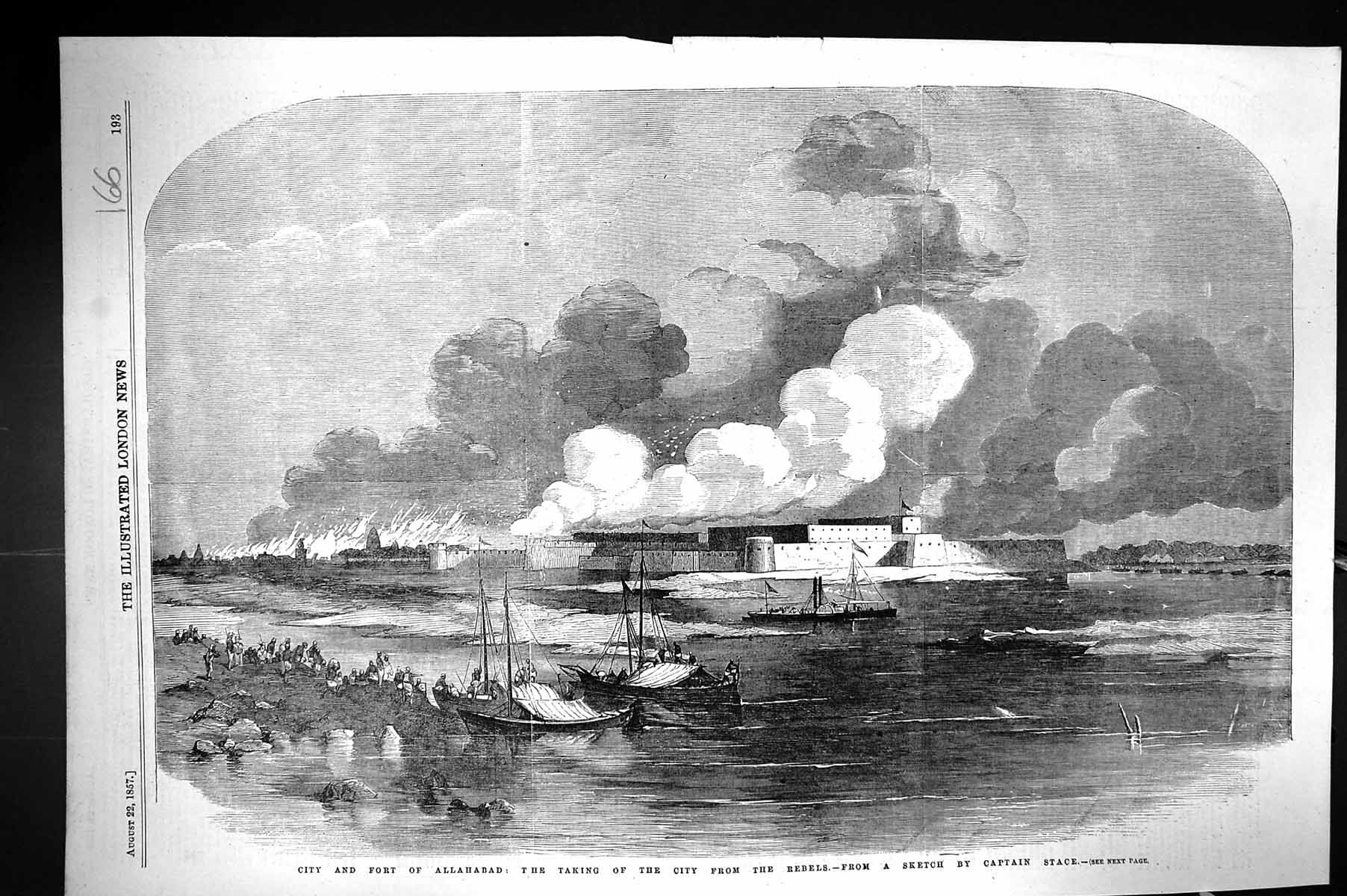 Old 1857 City Fort Allahabad Scene Taking City Rebels Boats Fire Capt Victorian