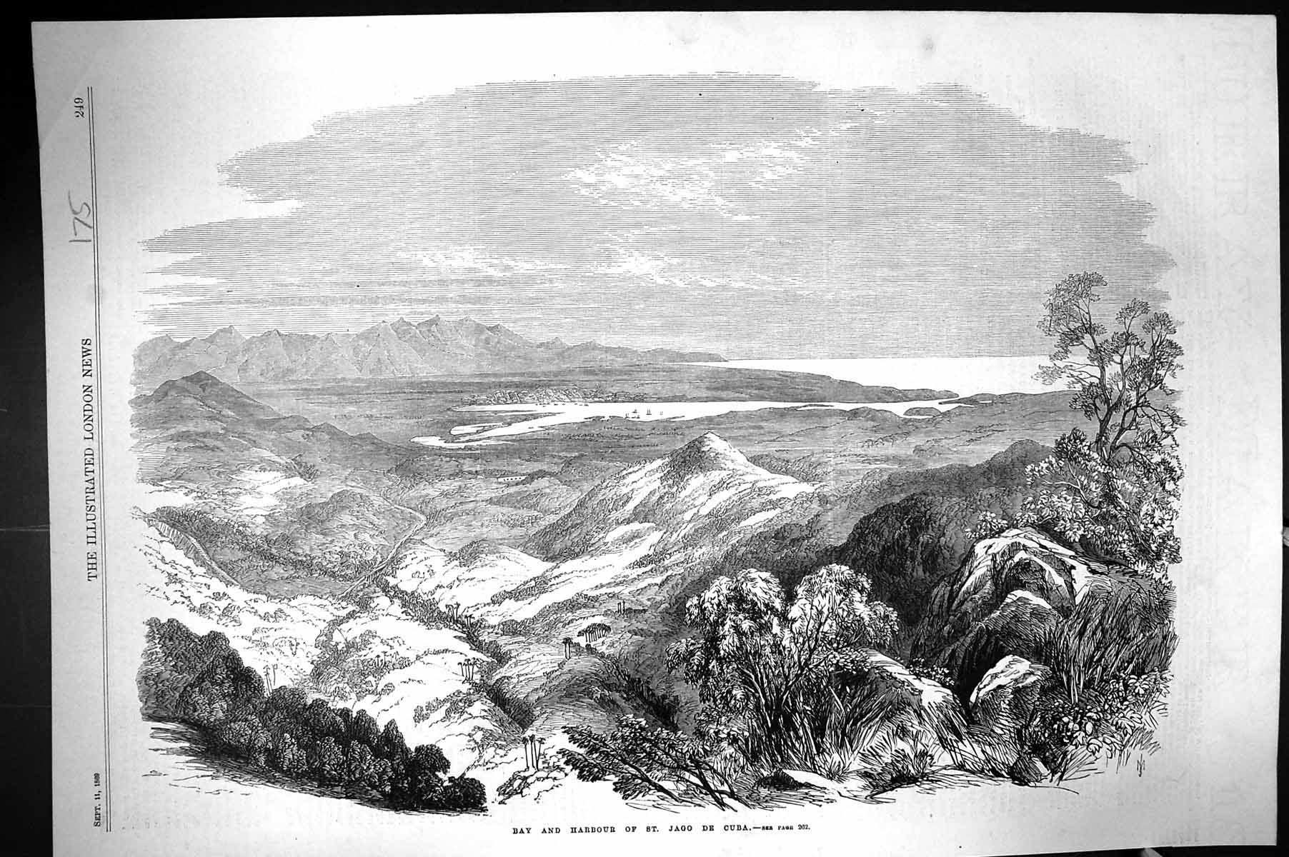 Original Old Antique Print 1869 View Bay Harbour St. Jago Cuba South America