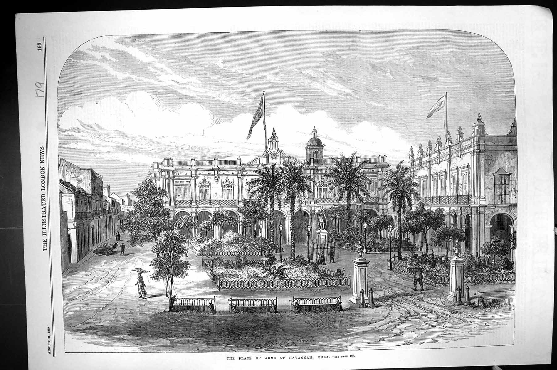 Antique Old Print 1869 Place Arms Havannah Cuba South America Architecture 19th