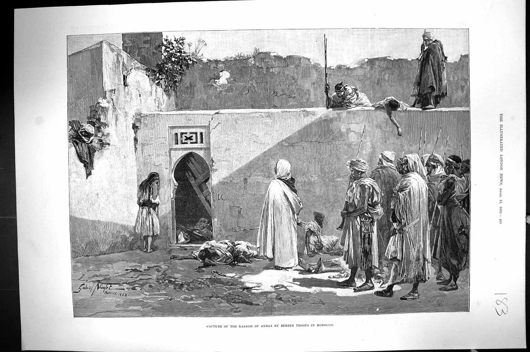 Old 1889 Scene Capture Kasbah Arbaa Berber Troops Morocco North Afric Victorian