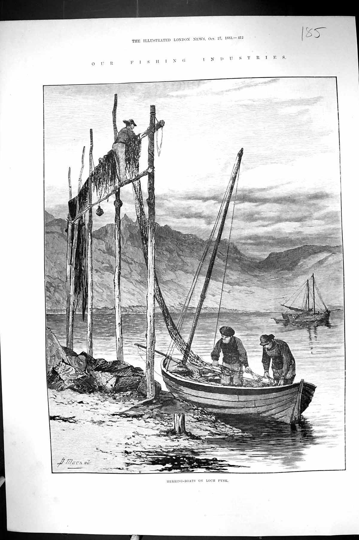 Antique Print 1883 Fishing Industry Herring Boats Loch Fyne Fishermen Nets 19th