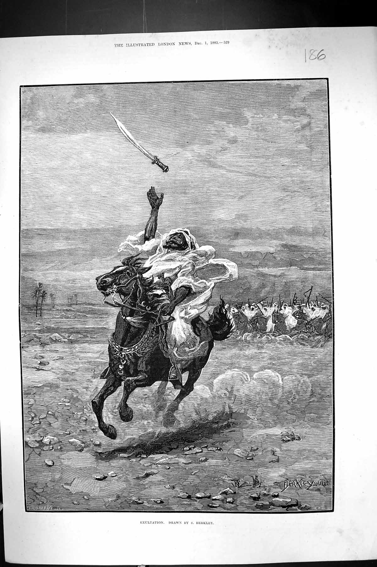 Original Old Antique Print 1883 Berkley Exultation Native Man Horse Weapons