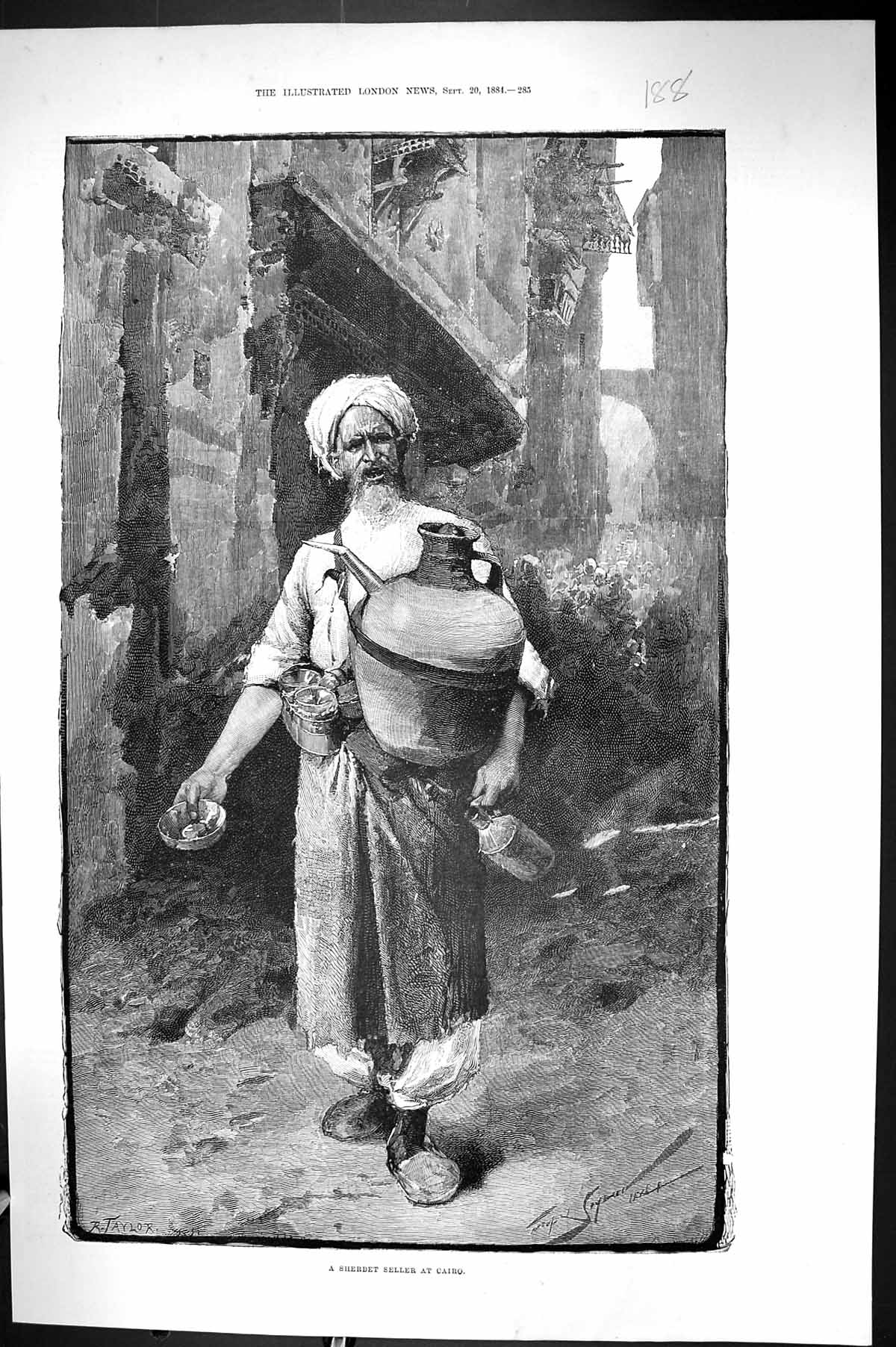 Original Old Antique Print 1884 Taylor Sherbert Seller Man Cairo Egypt 19th