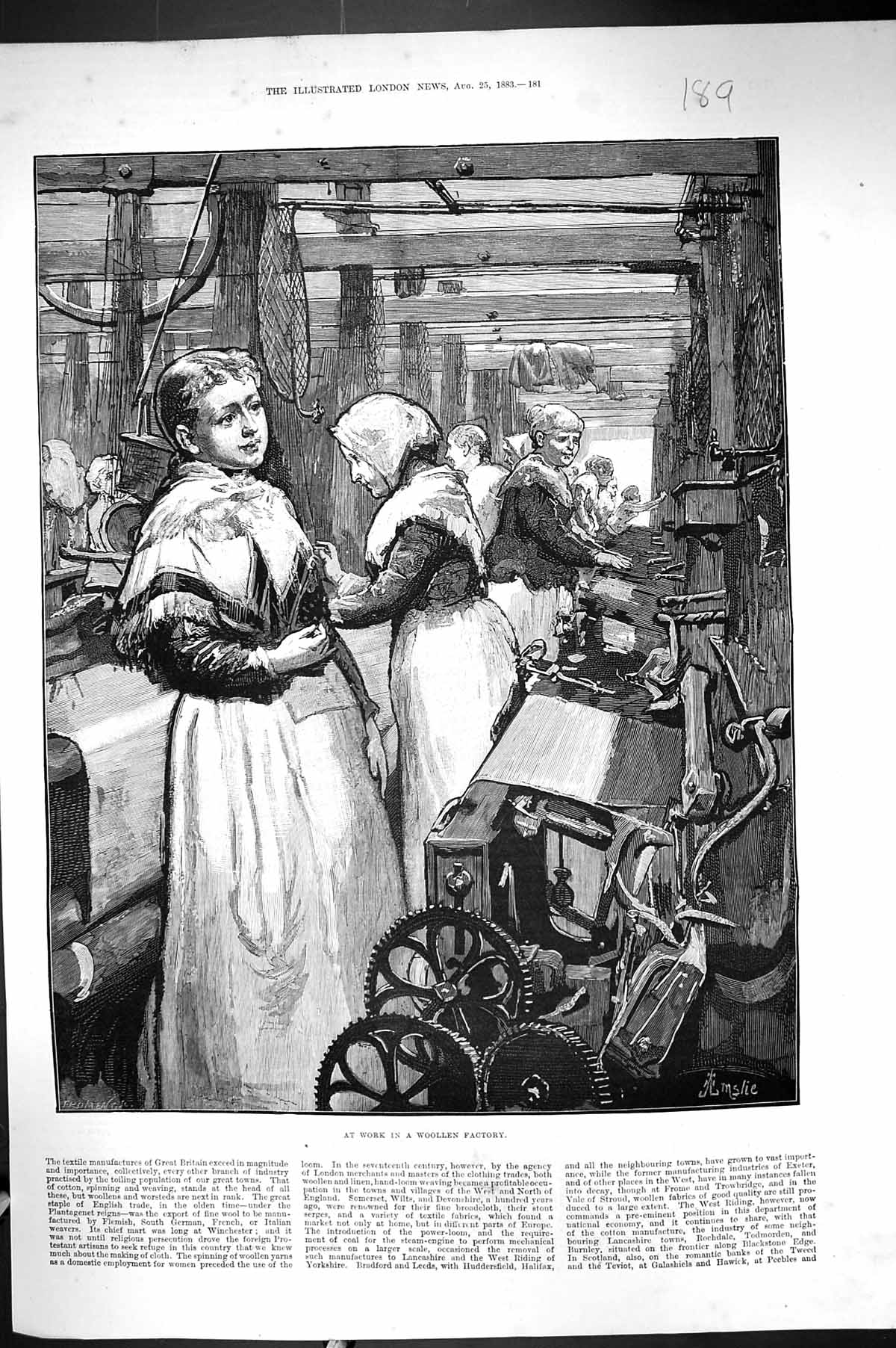 Original Old Antique Print 1883 Industry Work Woollen Factory Women Machinery