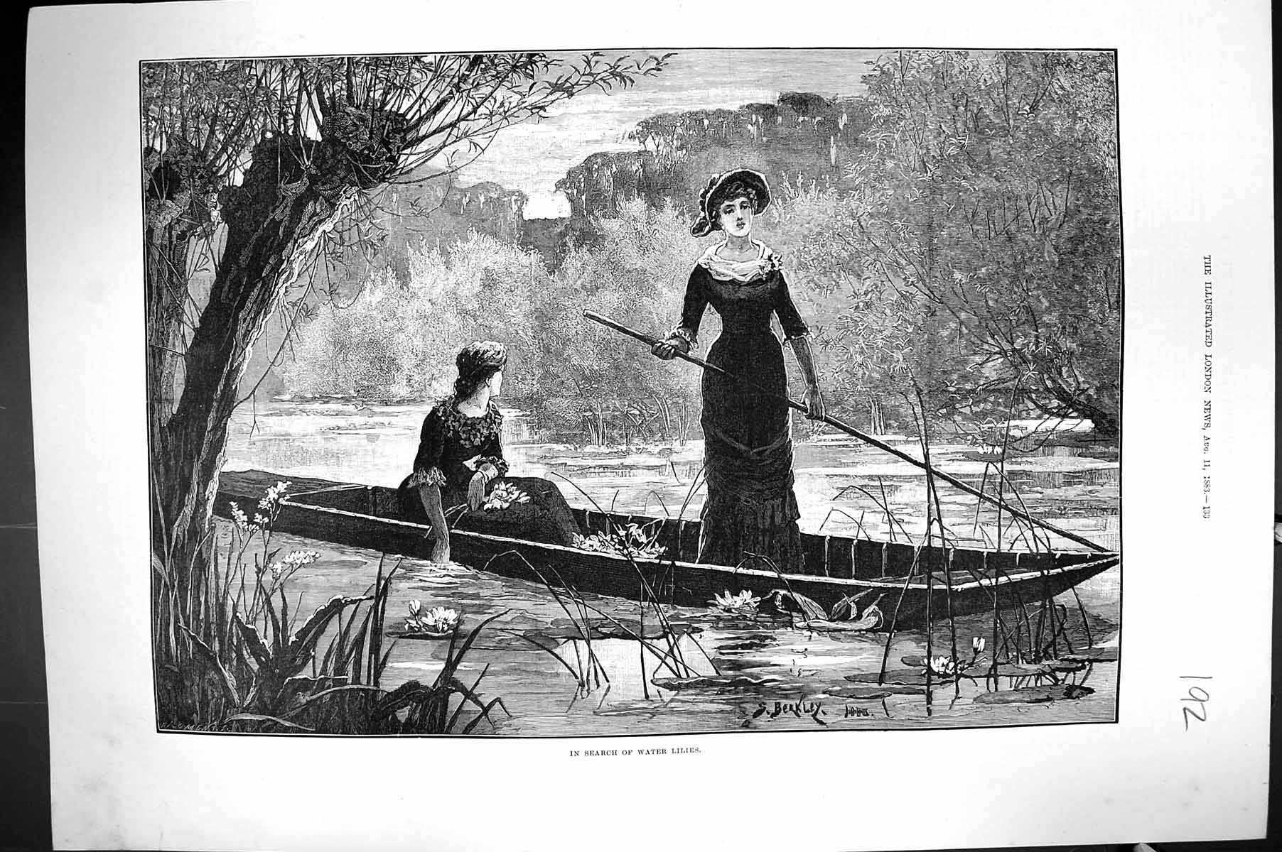 Old 1883 Berkley Fine Art Ladies River Boat Searching Water Lilies Fl Victorian