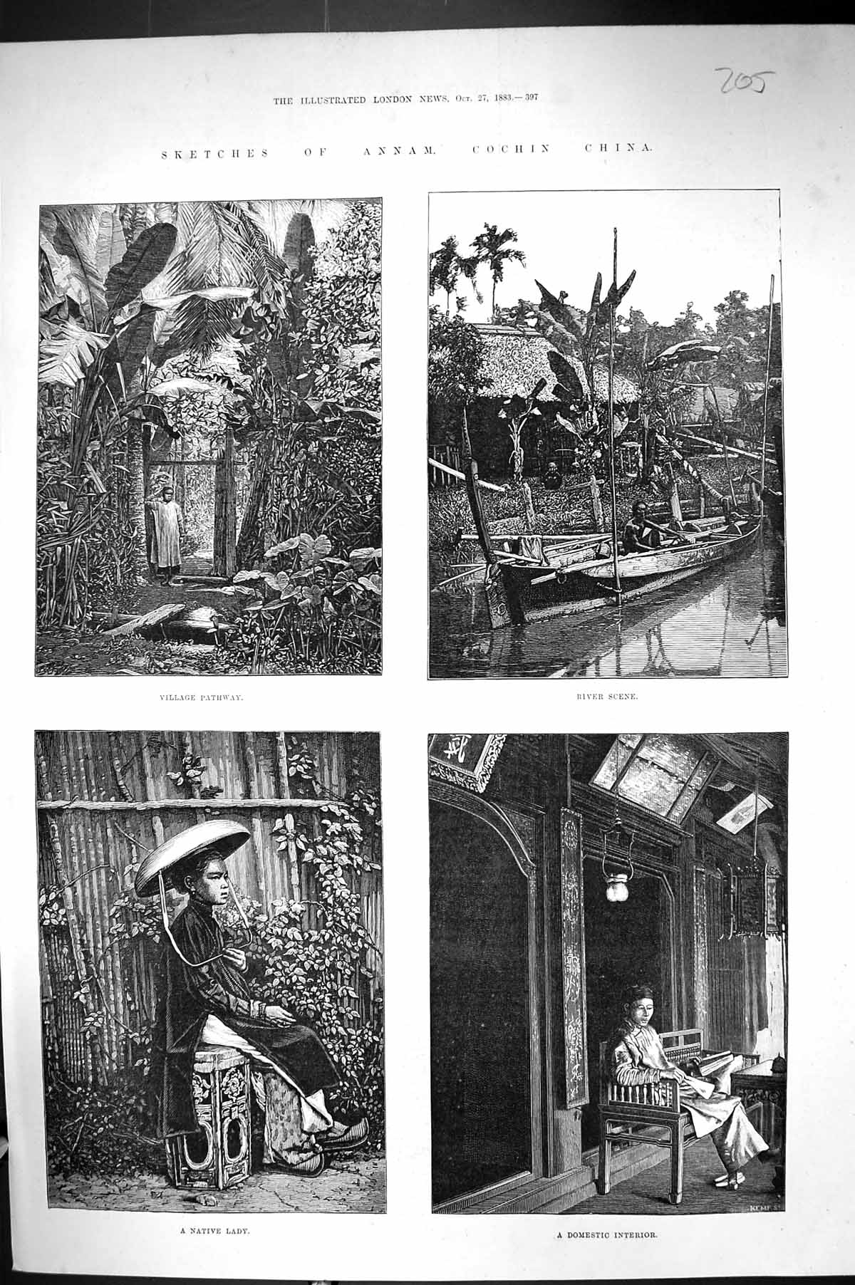Old 1883 Annam Cochin China Native Lady River Scene Village Pathway F Victorian