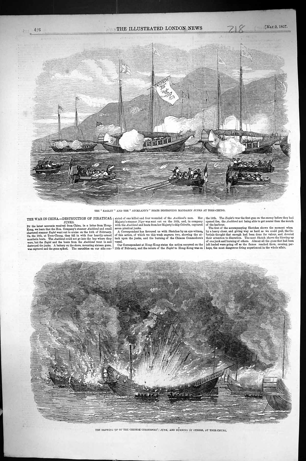 Old 1857 Eaglet Auckland Boats Ships Mandarin Junks Toon-Chung Explos Victorian