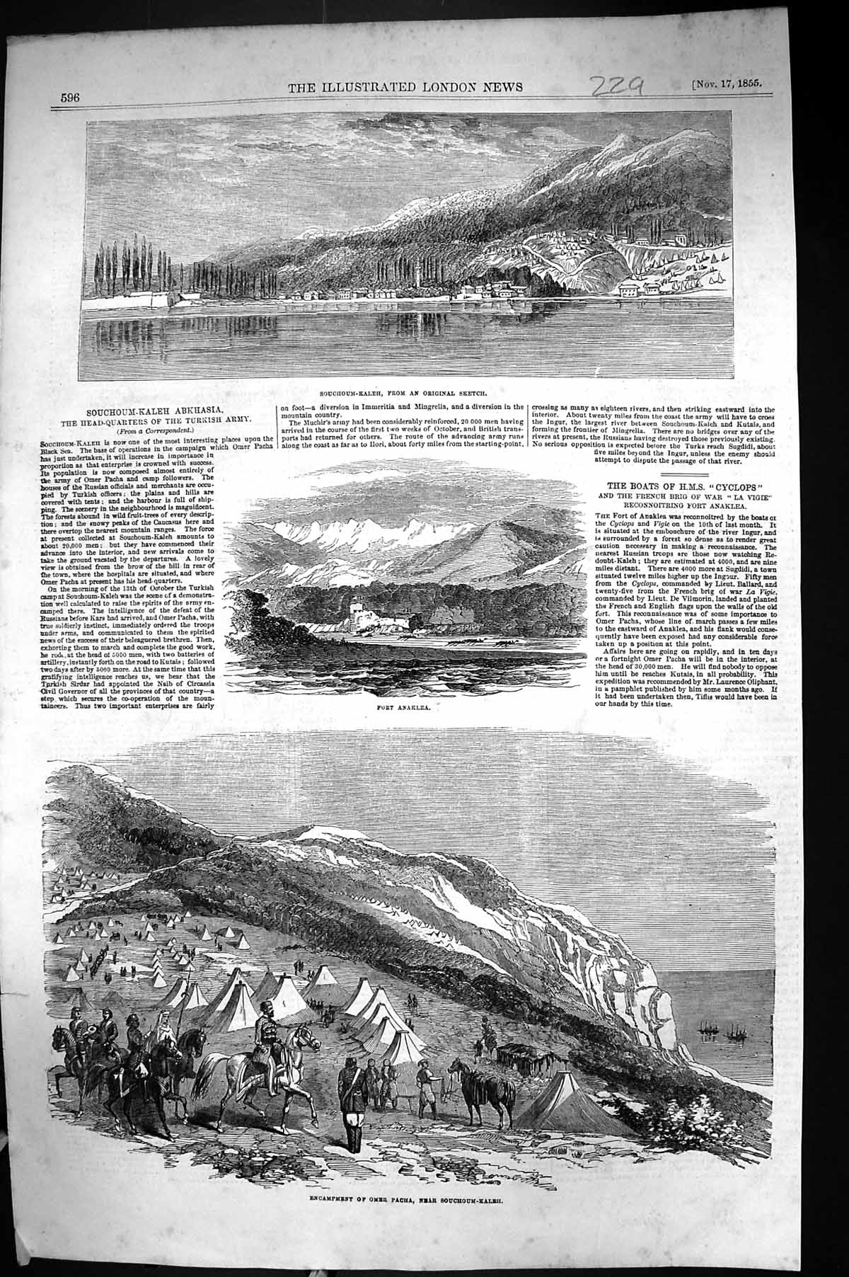 Old 1855 Souchoum-Kaleh Turkish Army Fort Anaklea Encampment Omer Pac Victorian