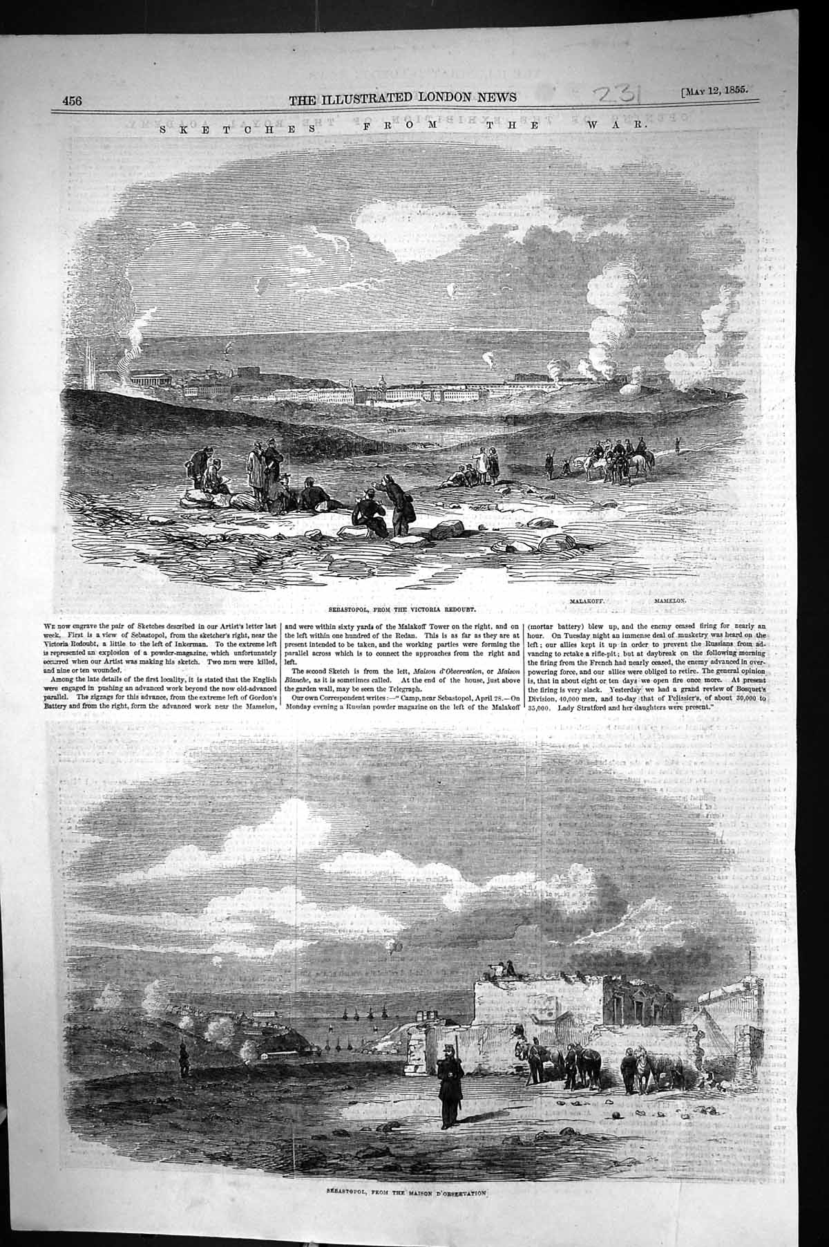 Old Print 1855 War Sebastopol Victoria Redoubt Maison D'Observation Sier 19th