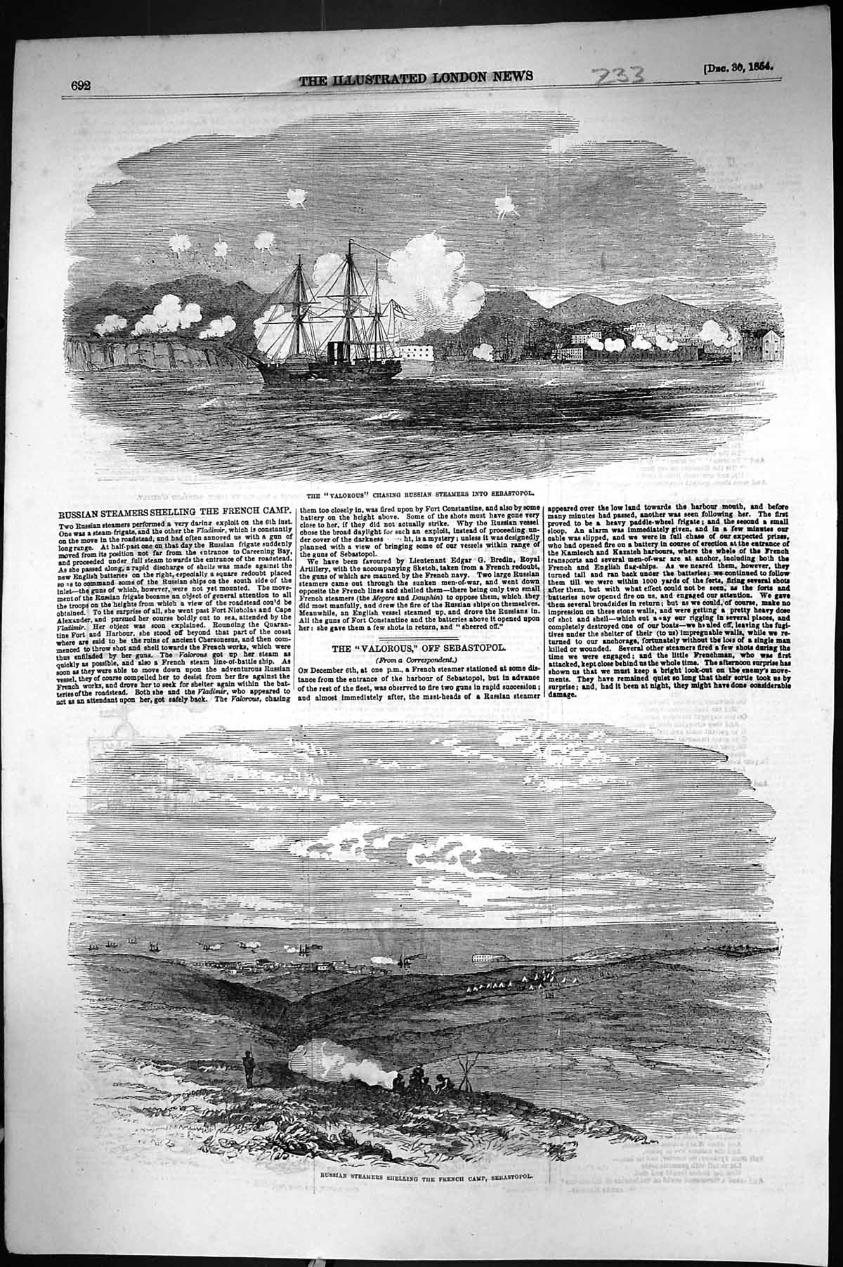 Old 1854 Valorous Ship Russian Steamers Shelling French Camp Sebastop Victorian