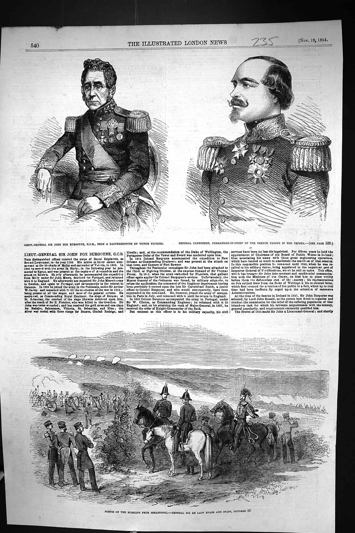 Old 1854 General Sir John Fox Burgoyne Canrobert Sortie Russians Lacy Victorian