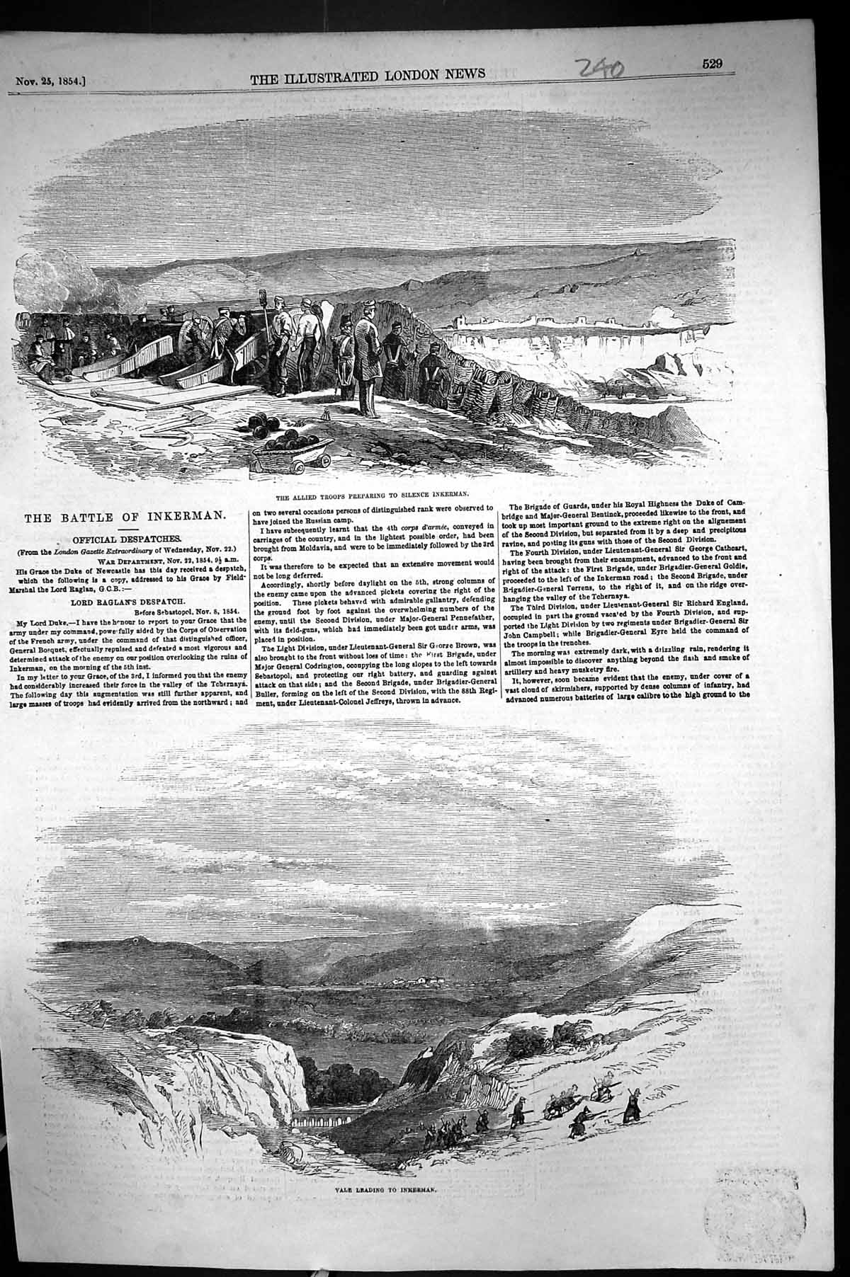 Antique Print 1854 War Battle Inkerman Allied Troops Siers Vale Mountains 19th