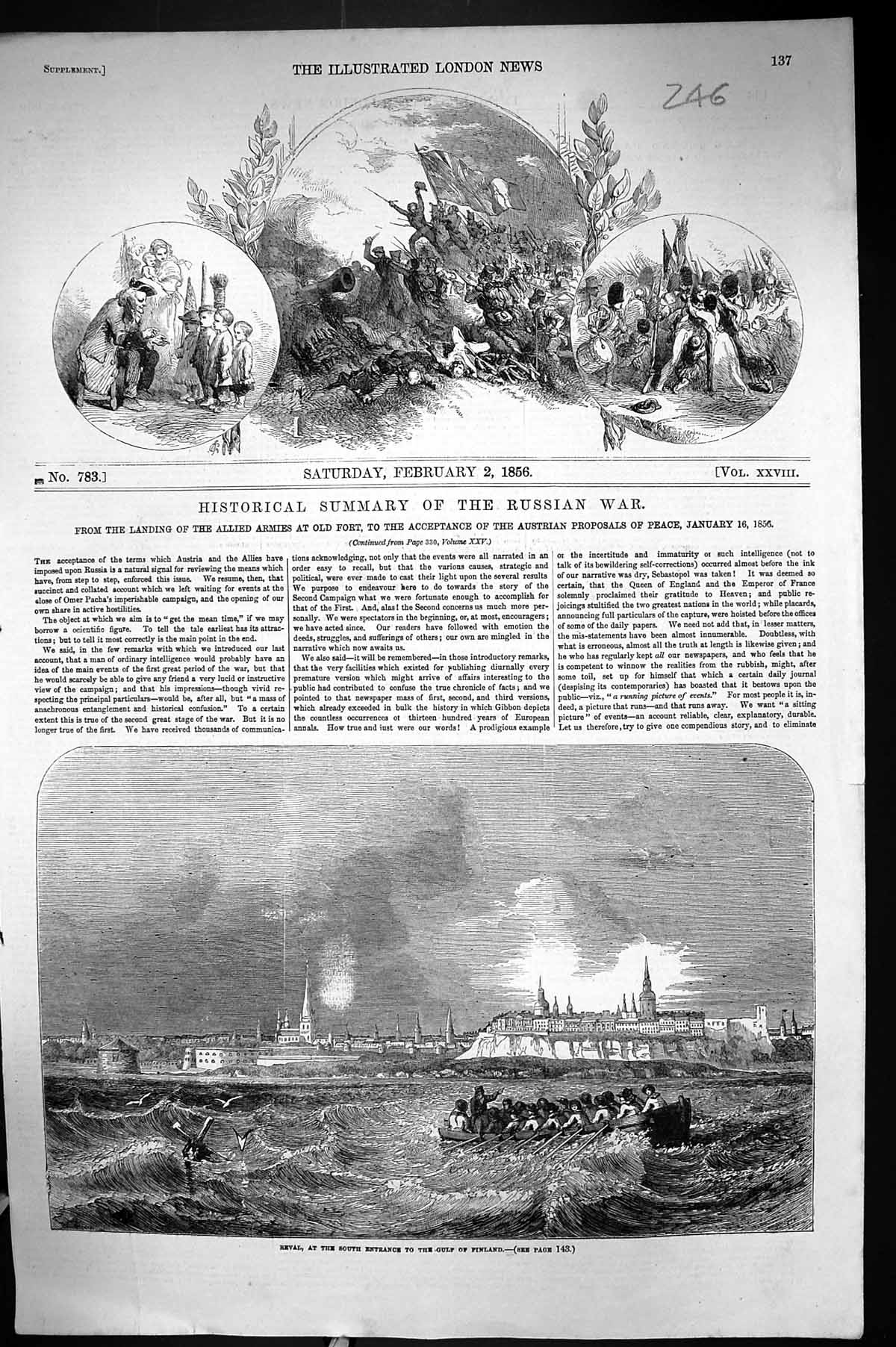 Original Old Antique Print 1856 Reval Entrance Gulf Finland Boats Russian War
