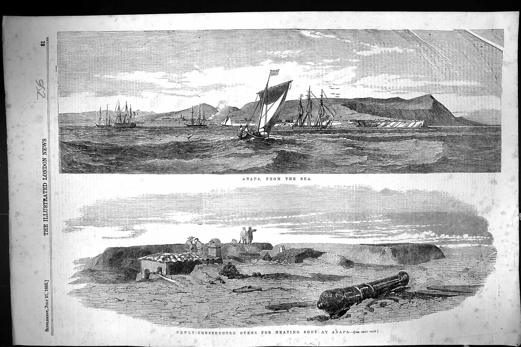 Old Print 1855 Anapa Ships Sea Constructed Ovens Heating Shot War Weapons 19th