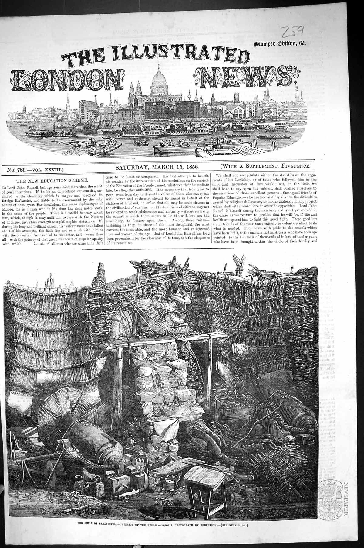 Original Old Antique Print 1856 War Siege Sebastopol Interior Redan Victorian