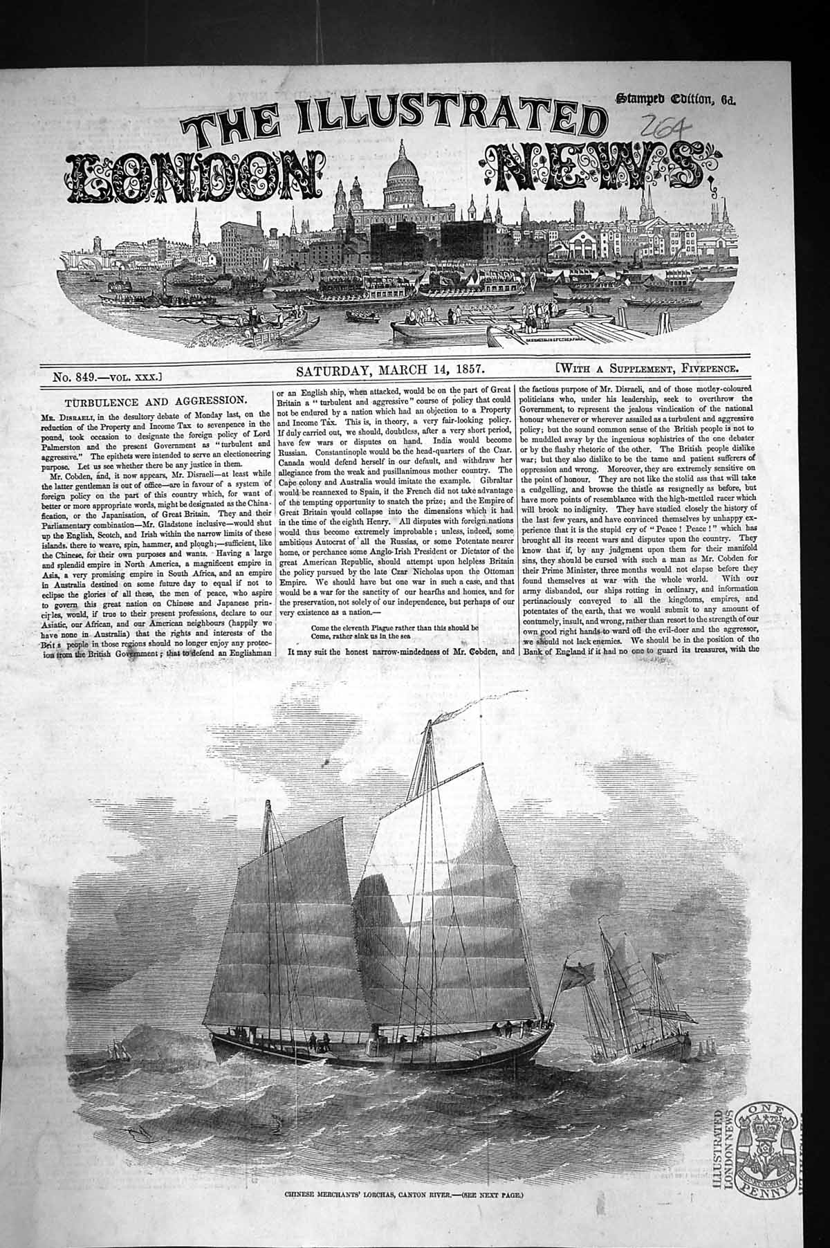 Old Antique Print 1857 Chinese Merchant Ships Lorchas Canton River China 19th
